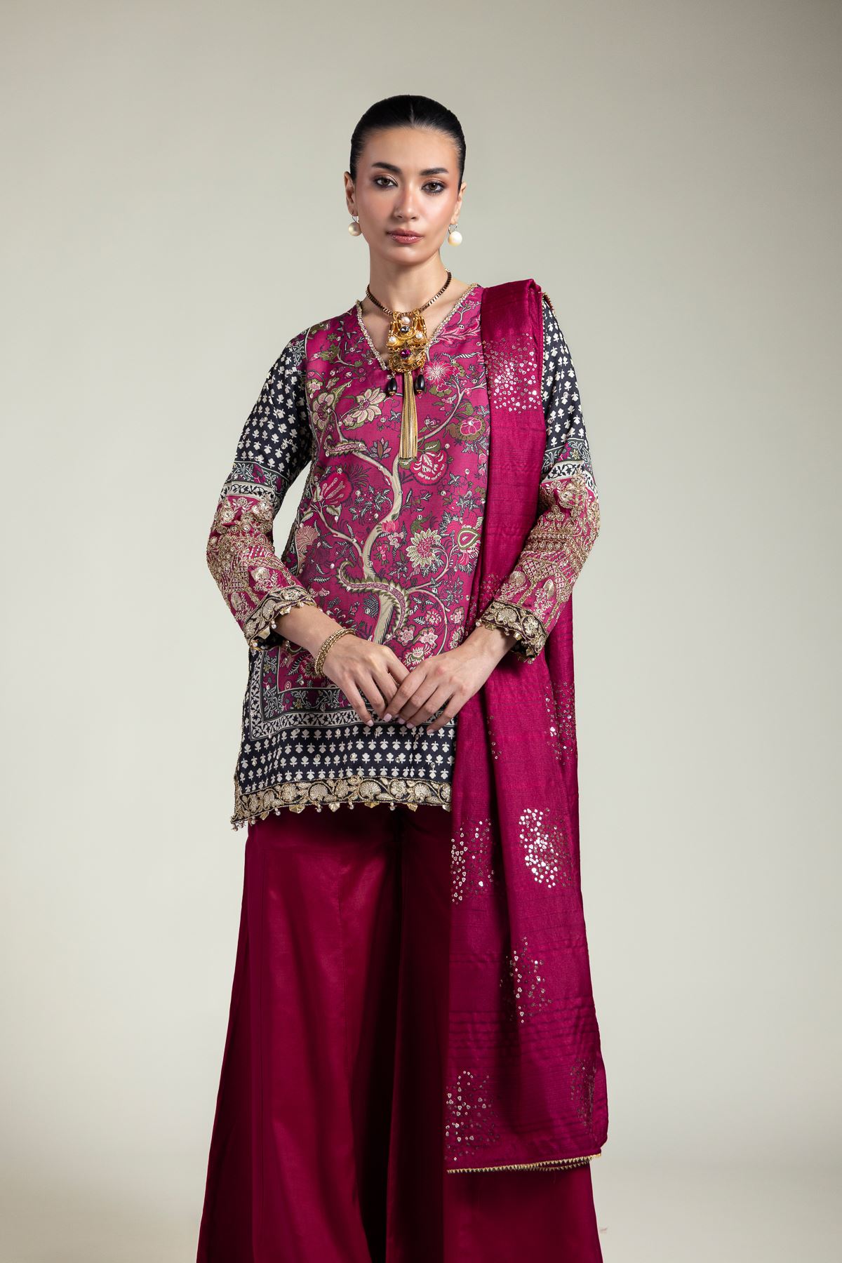 Embroidered Raw Silk Printed 3-Piece Set - 1001928305