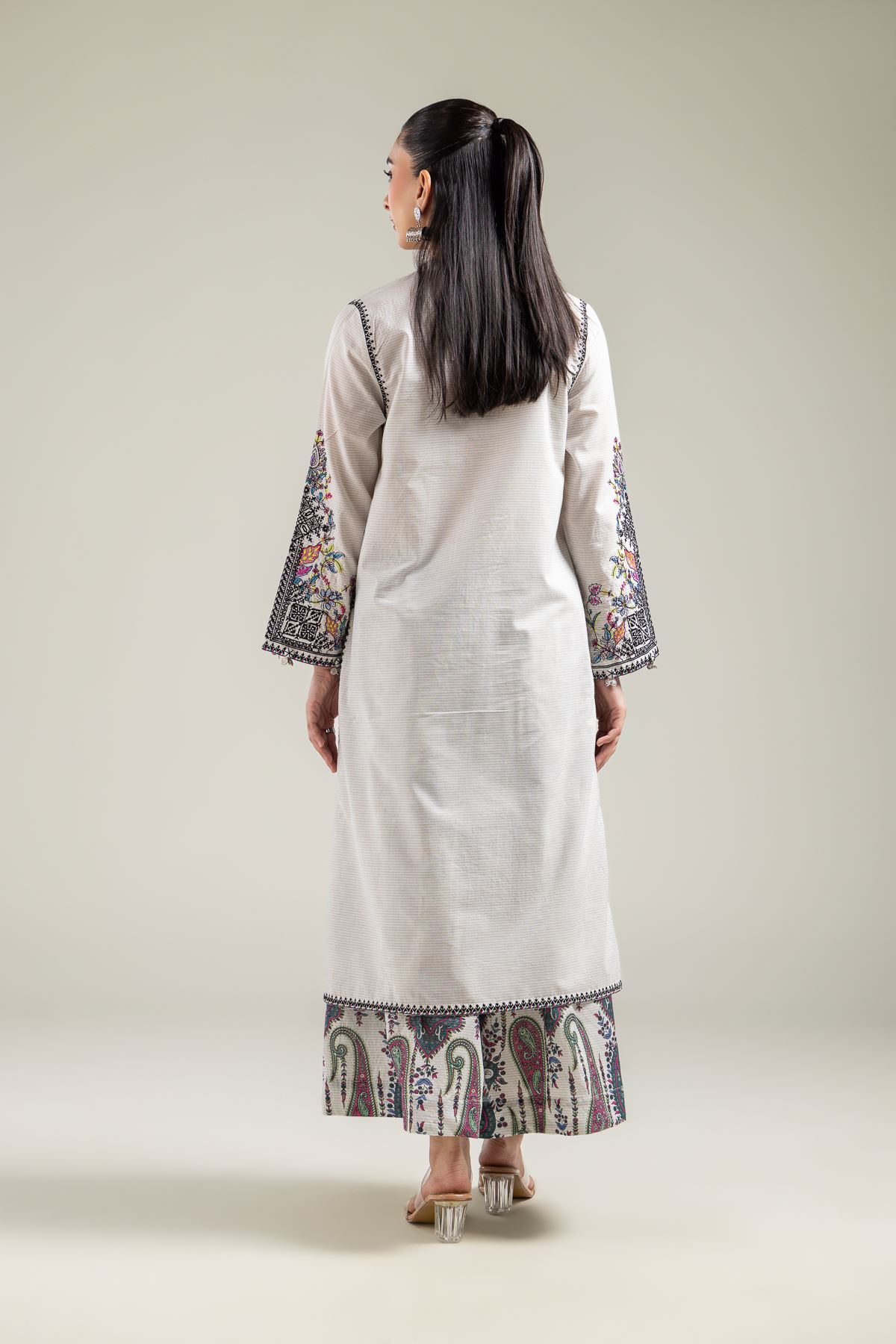 Embroidered Mesuri Off-White Longline Kurta - 1-26-142-A-B-VG