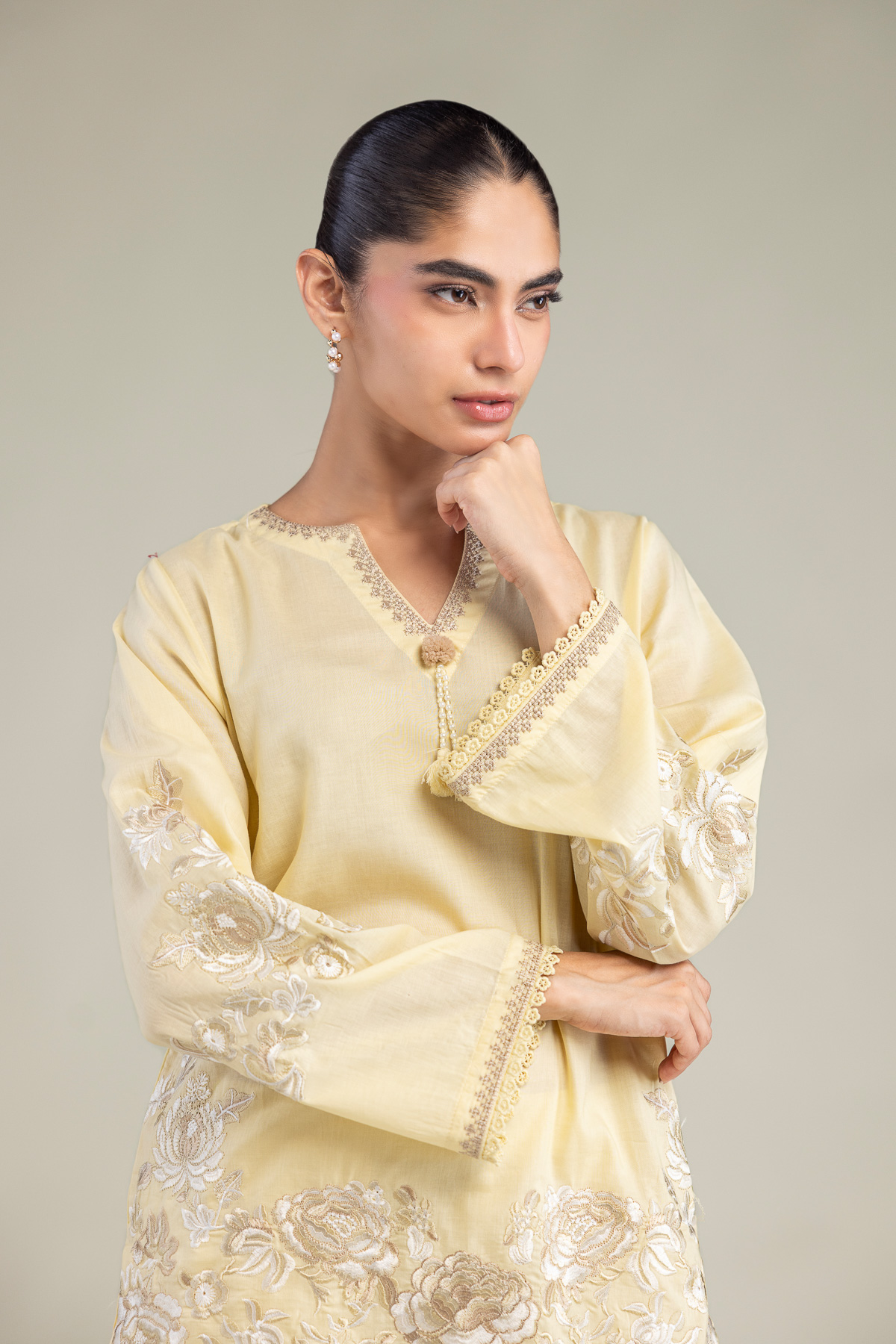 Embroidered Cambric Floral Yellow Kurta - 1-26-102-A-F-VG