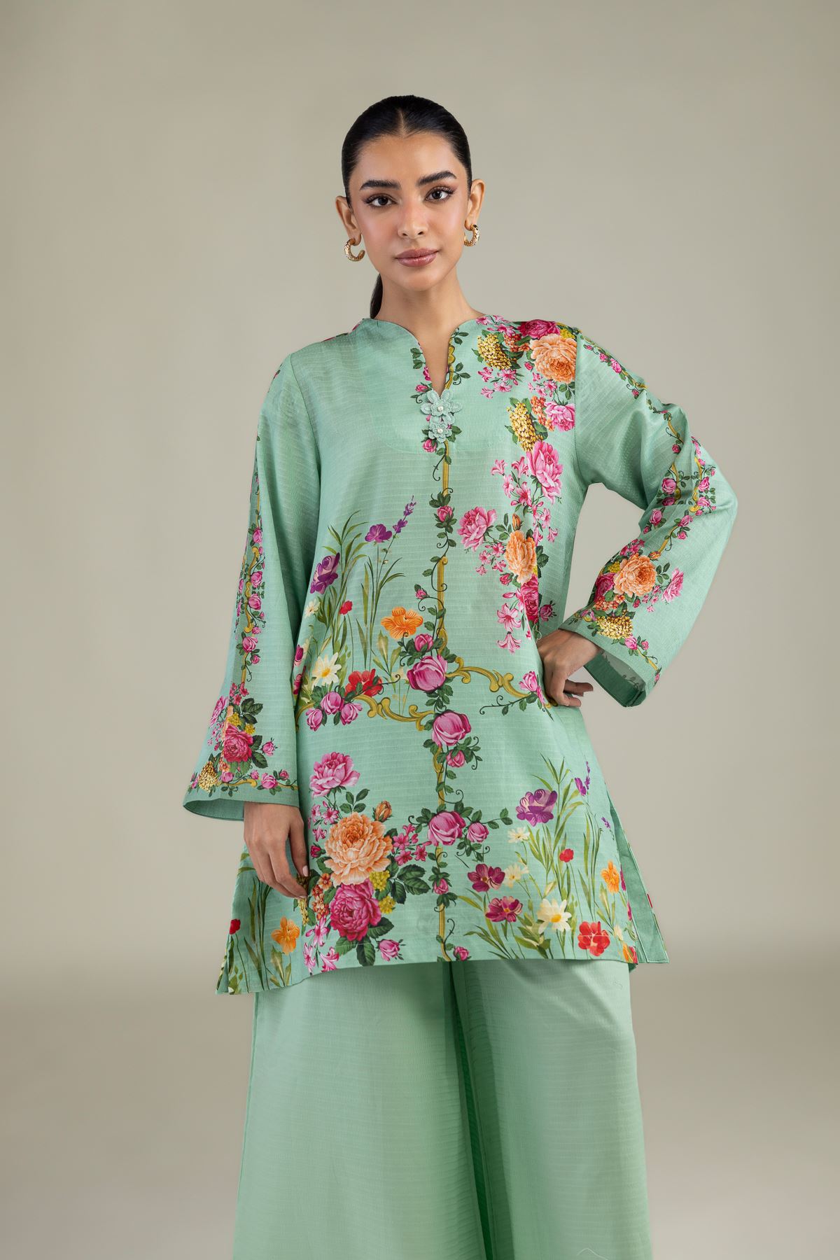 Printed Cotton Dobby Mint Dobby Kurta - 1-26-220-B-E1-VG