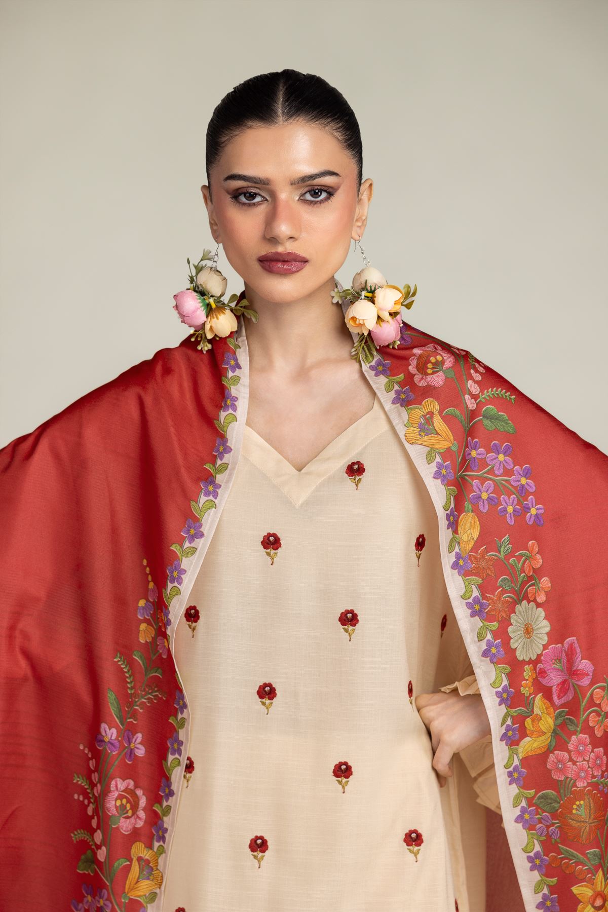 Embroidered Polyester Silk Floral Red Dupatta - 1-26-203-A-F1-VG