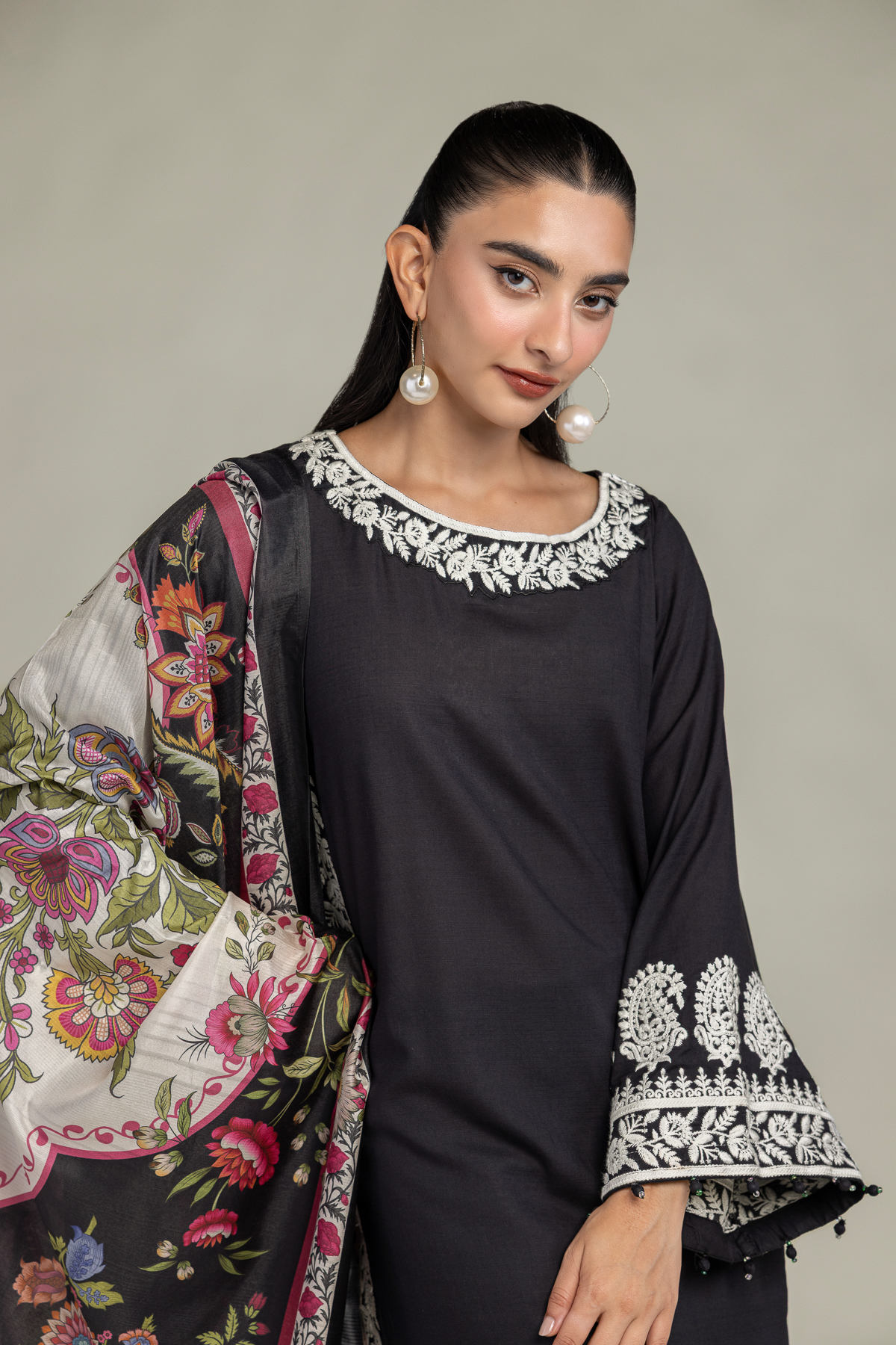 Embroidered Polyester Silk Black Silk Dupatta - 2-26-106-A-H-VG