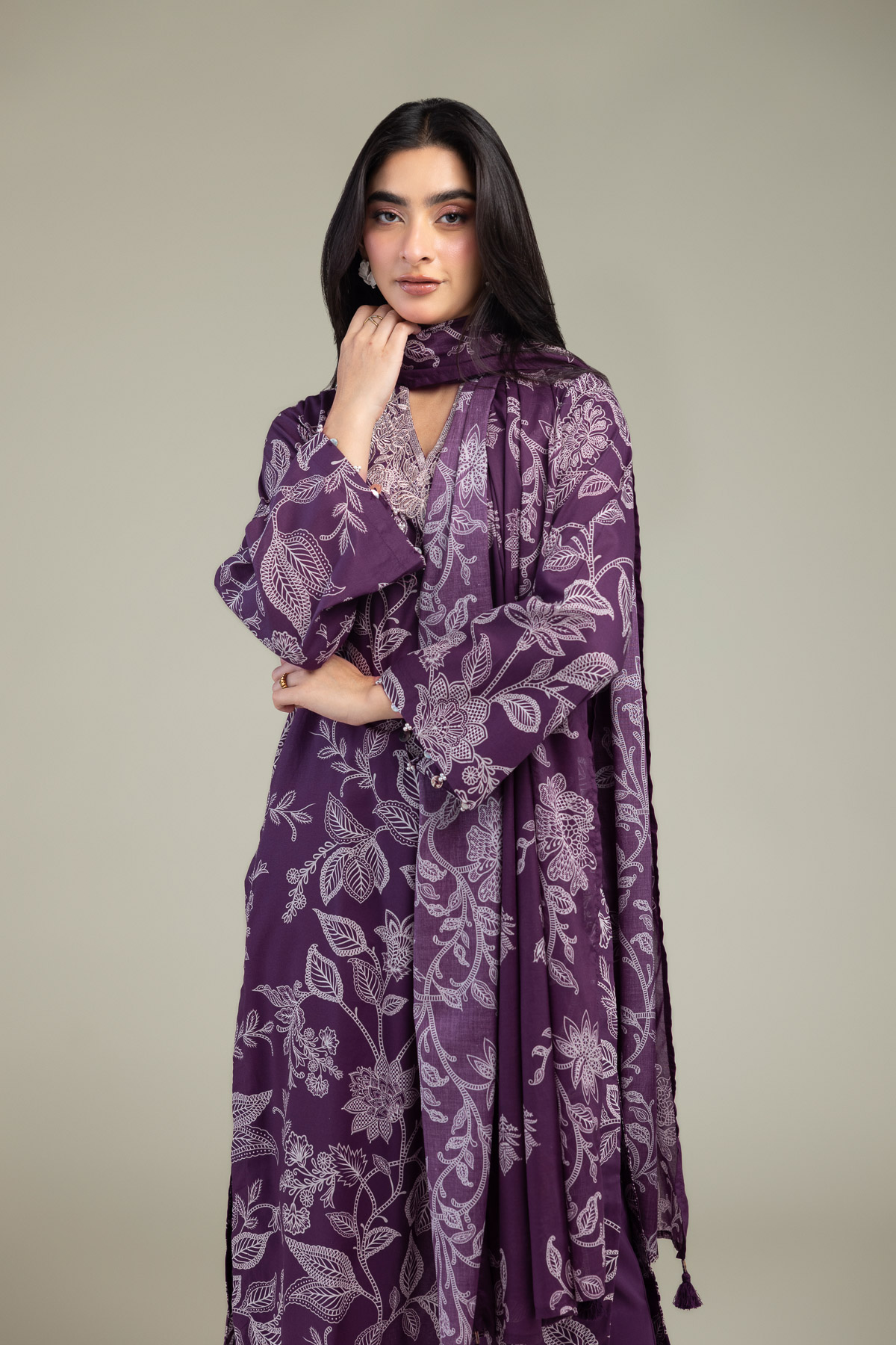 Embroidered Lawn Floral Purple Dupatta - 1-26-102-A-F-VG