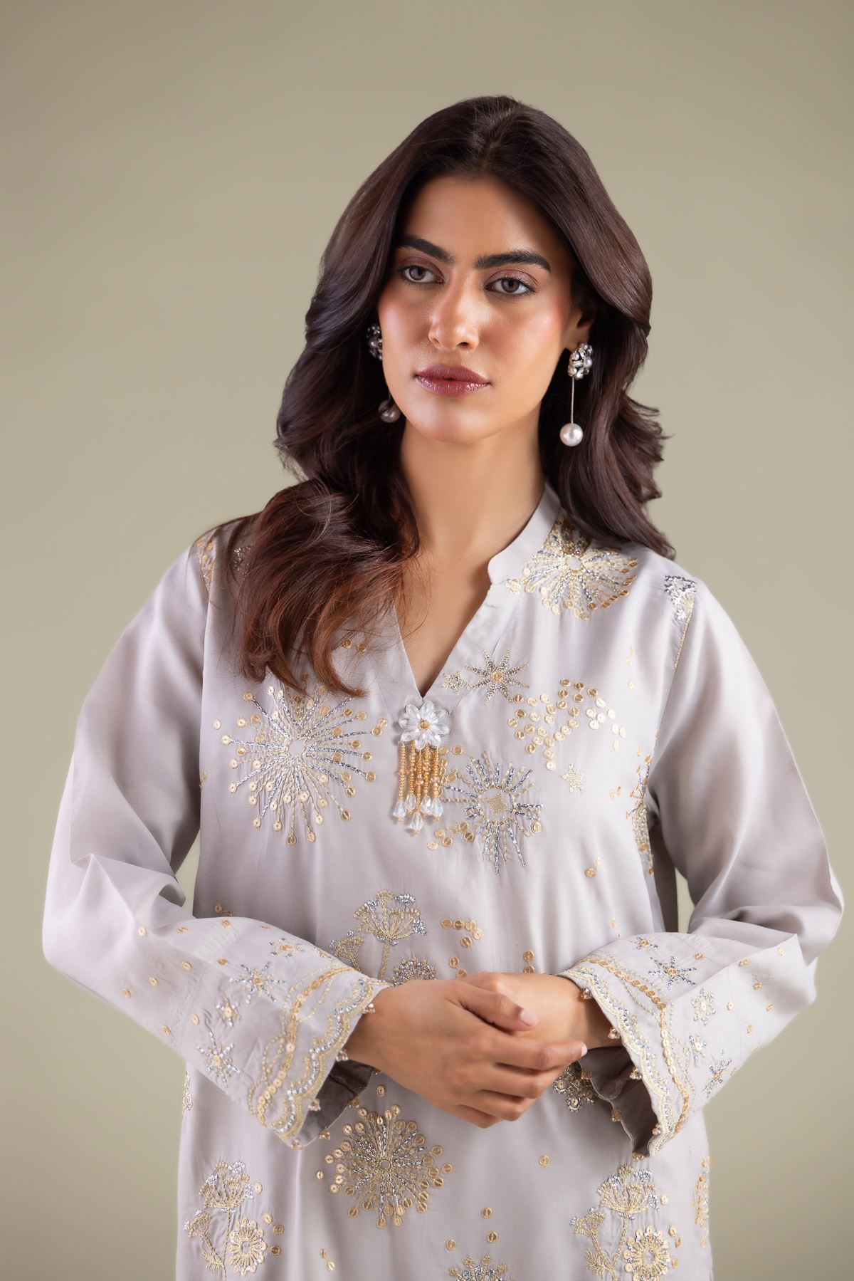 Embroidered Raw Silk Band Collar Kurta - 1-26-115-A-C-VG