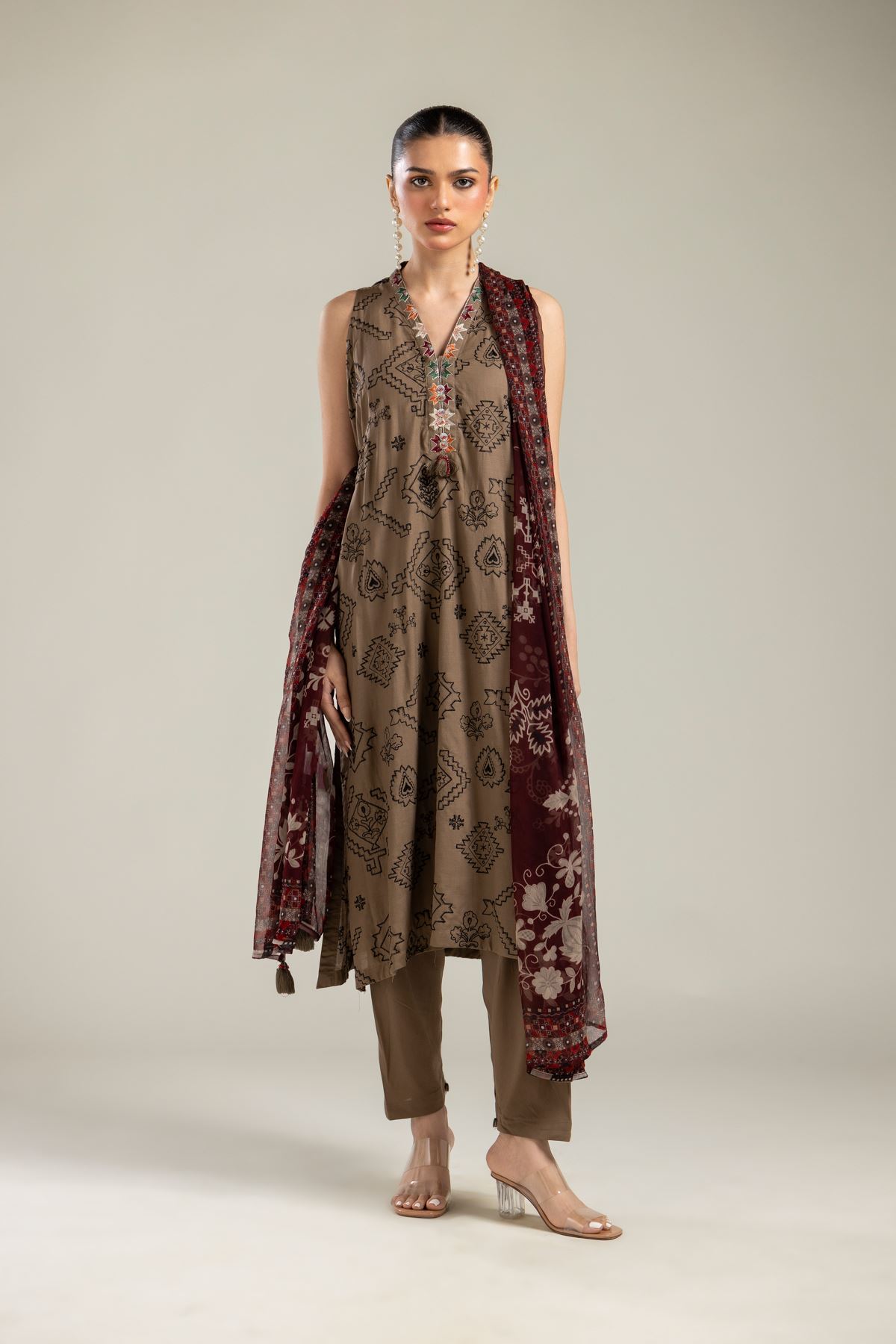 Embroidered Raw Silk Brown Sleeveless Kurta - 2-26-202-A-G-VG