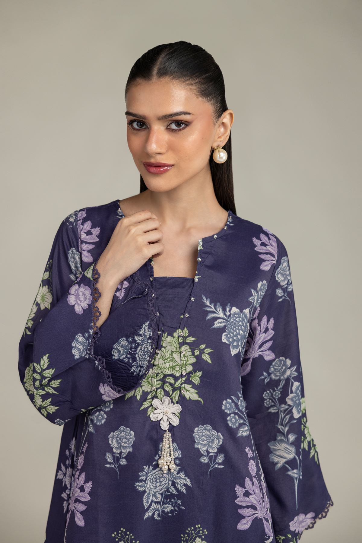 Embroidered Raw Silk Navy Longline Kurta - 1-26-245-A-E1-VG