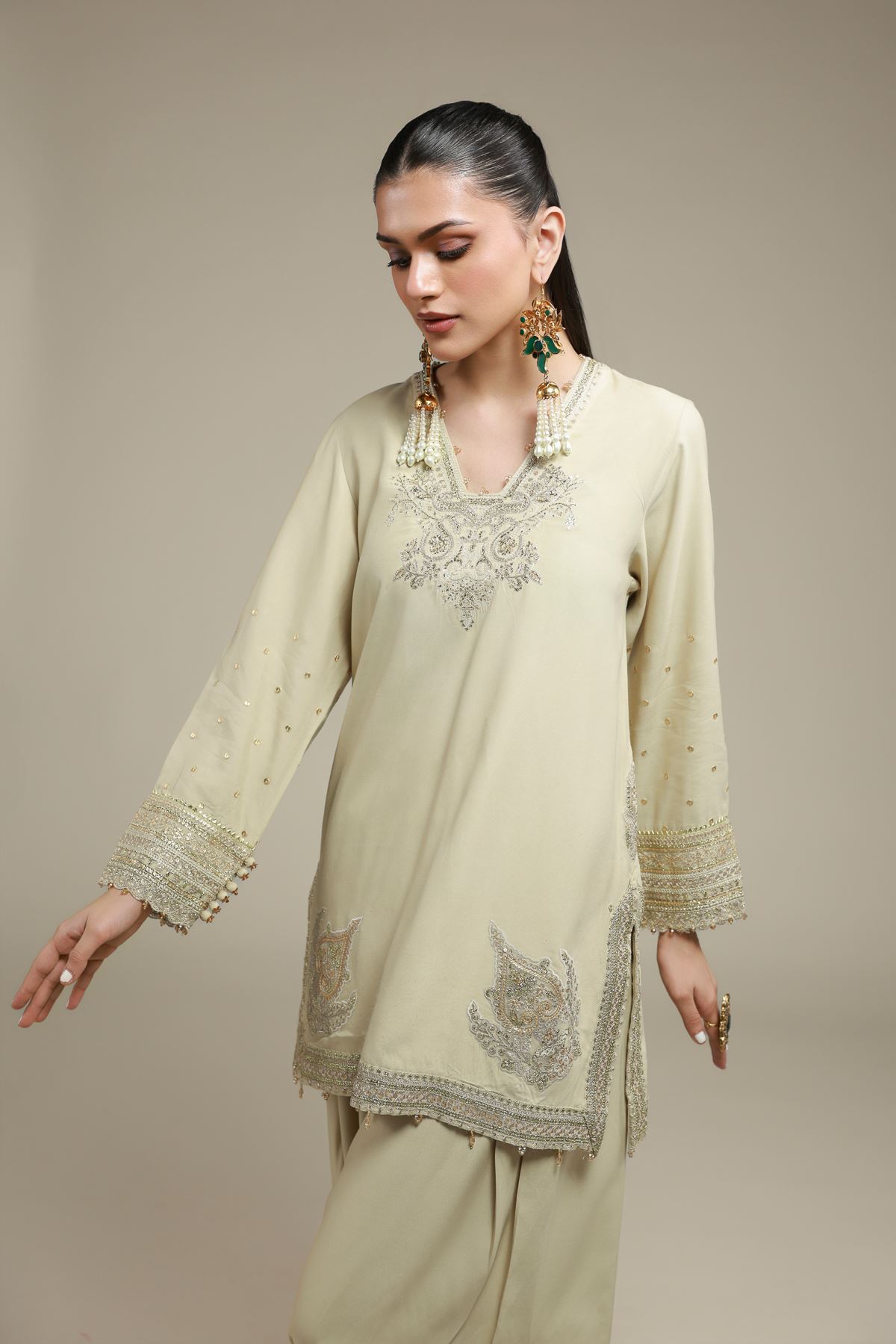 Embroidered Raw Silk 2 Piece Co-ord Set | Top and Bottom - A33-26-106FC-VG
