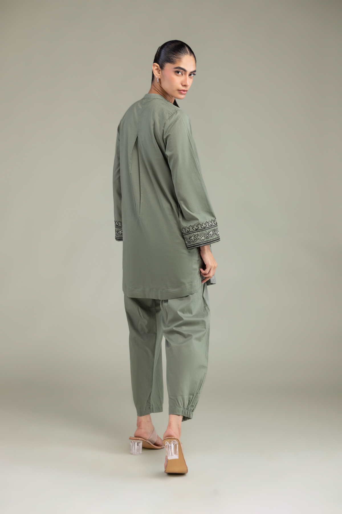 Embroidered Cambric Olive Cambric Kurta - A22-26-214FH1-VG
