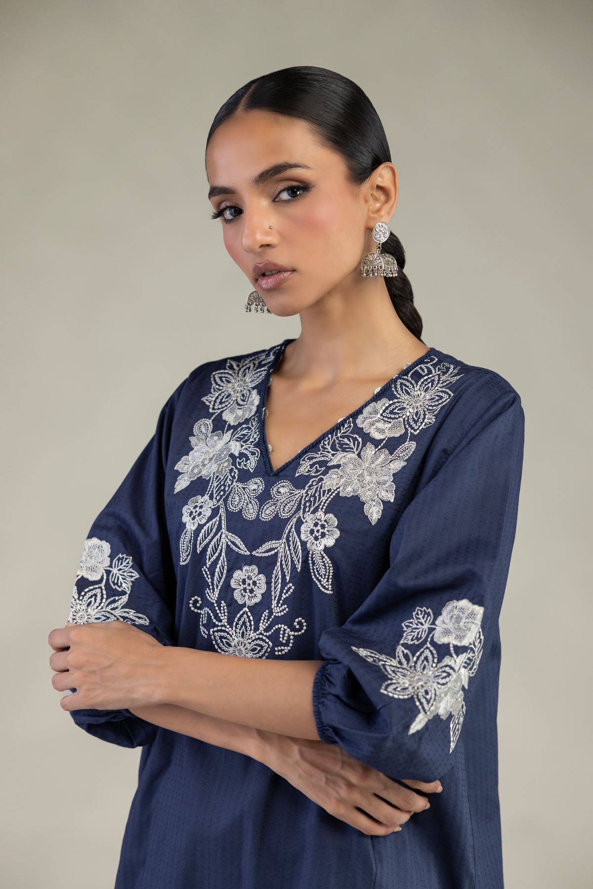 Embroidered Cotton Dobby Floral V-Neck Kurta - 1-26-241-A-A1-VG