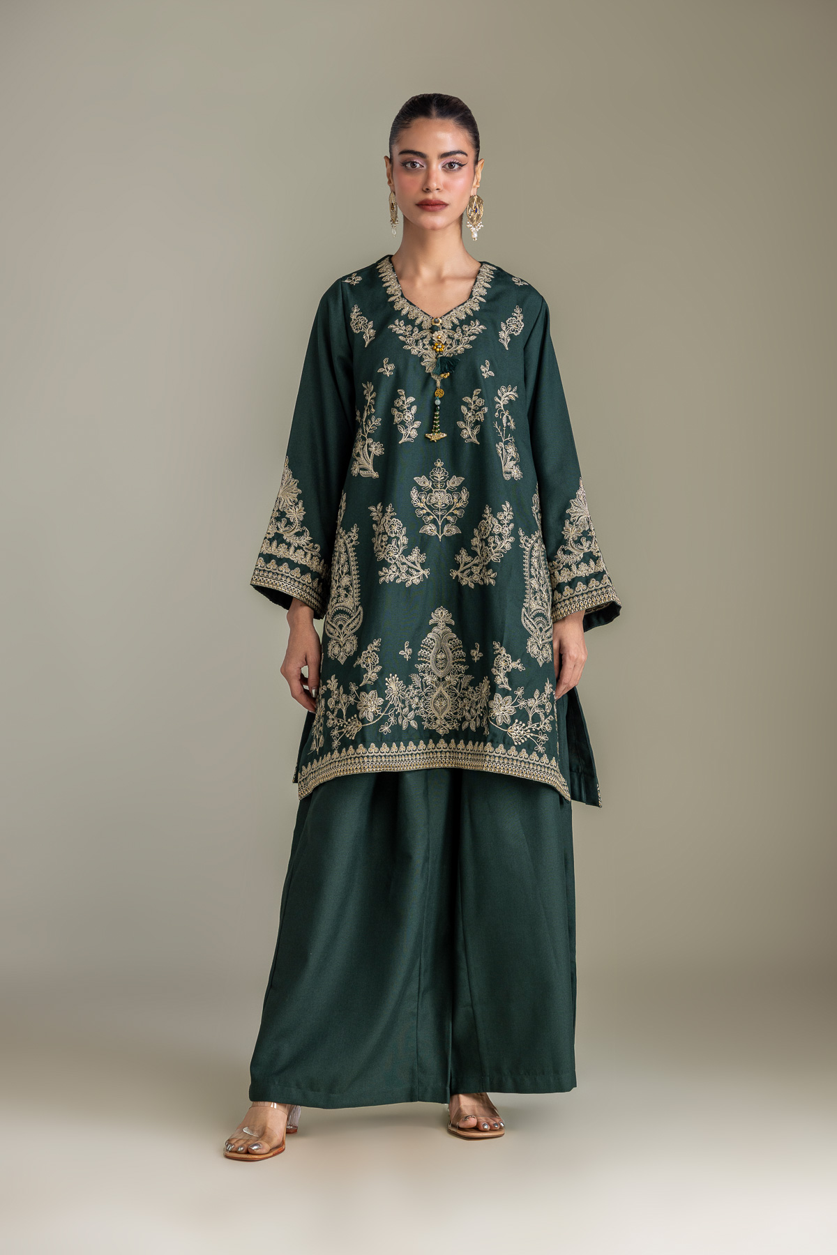 Embroidered Heavy Blended Viscose Dark Green Kurta - 1-26-433-A-D1-VG