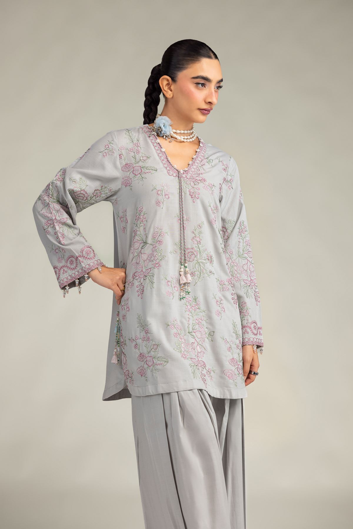 Embroidered Raw Silk Floral V-Neck Kurta - 1-26-322-B-A1-VG