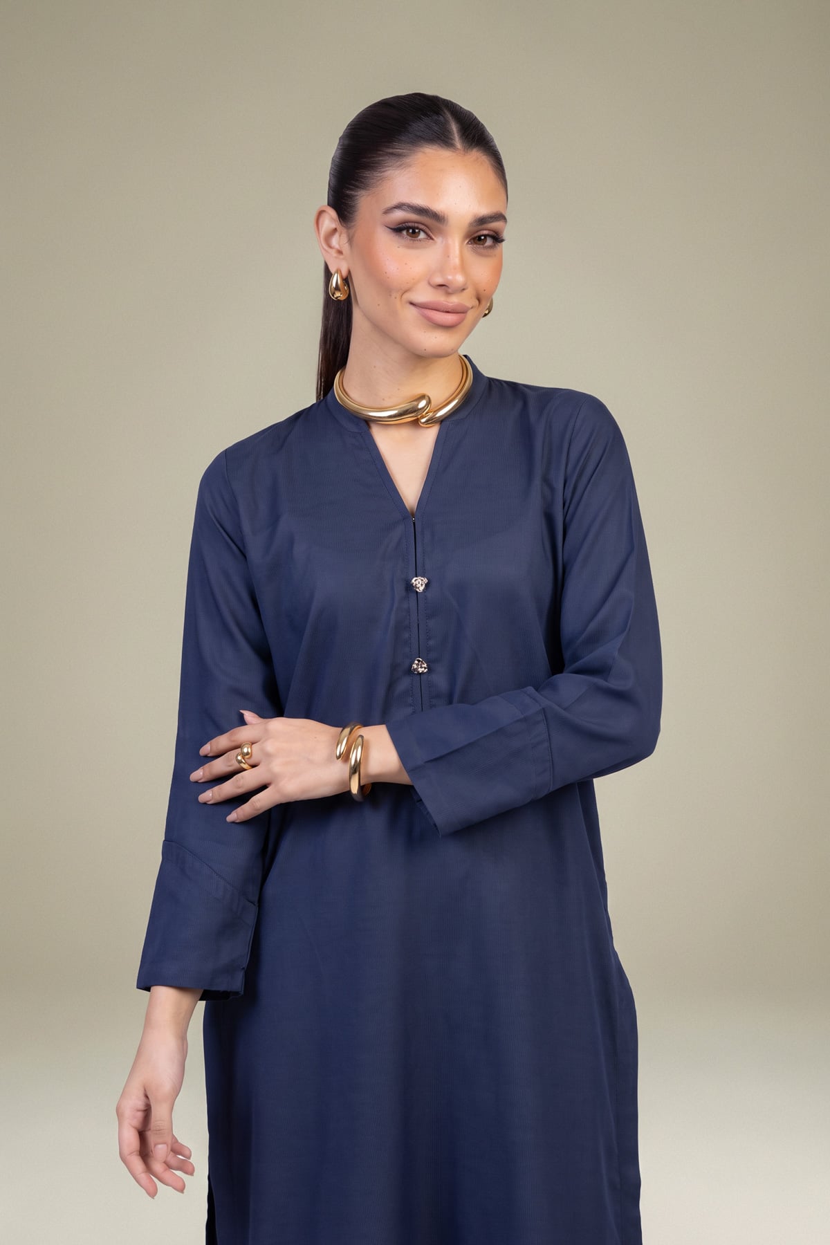Dyed Raw Silk Navy V-Neck Kurta - 1-26-408-A-A1-VG