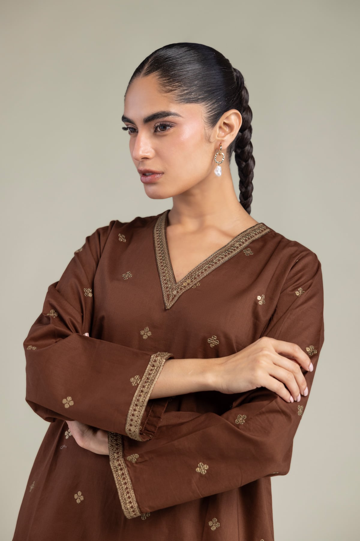 Embroidered Cambric Brown V-Neck Kurta - 1-26-102-A-F-VG