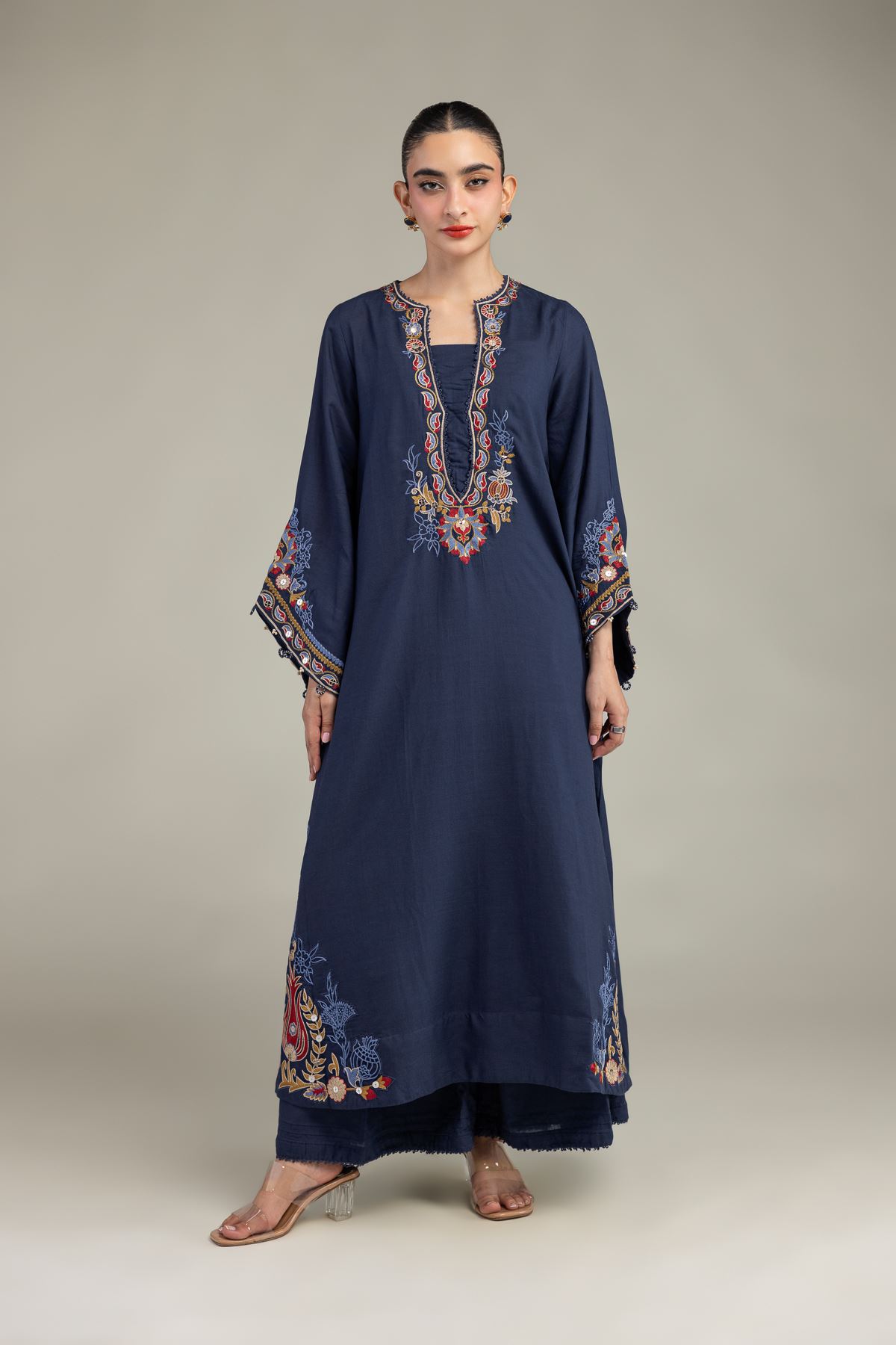 Embroidered Raw Silk Silk Navy Pants - 2-26-208-A-E1-VG