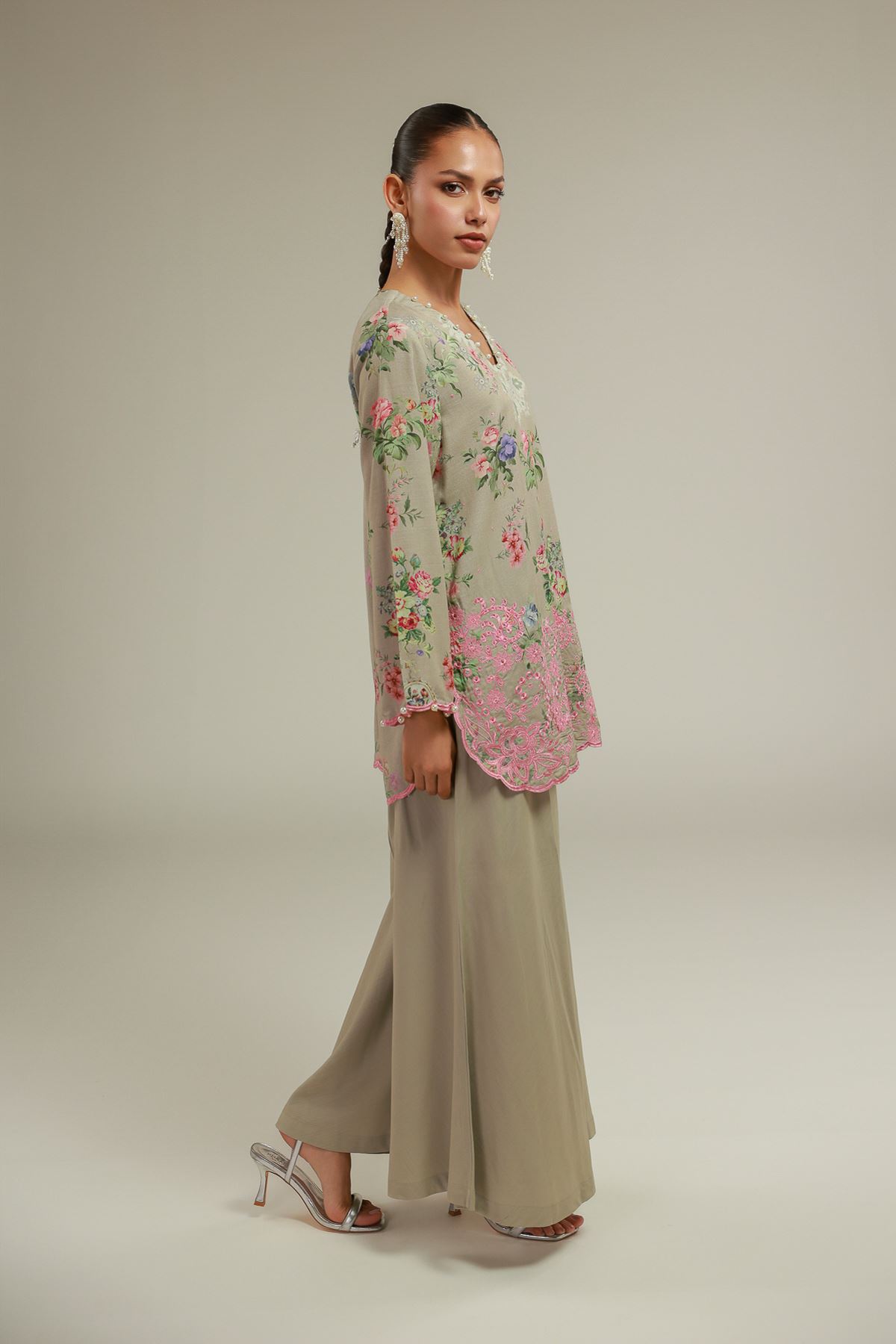 Embroidered Raw Silk Floral V-Neck Kurta - 1-26-119-A-D-VG