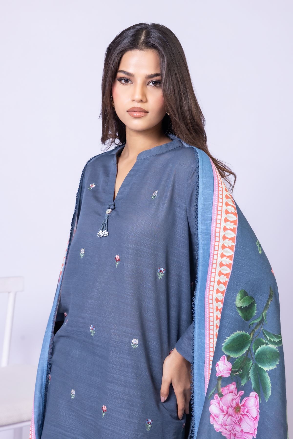 Printed Textured Cotton Dupatta - 25-10-12E1S-01SB-VG
