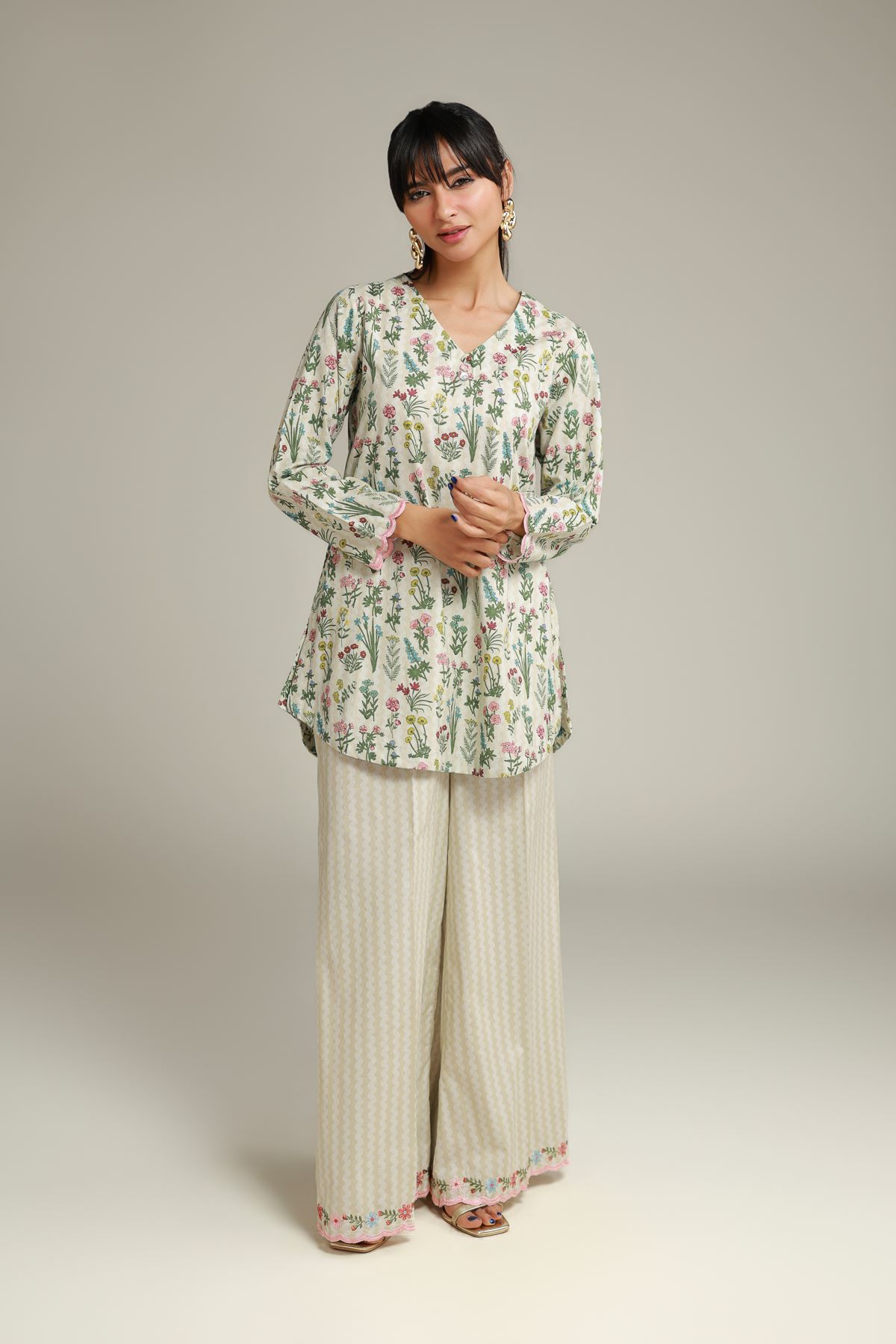 Embroidered Cotton Dobby Floral V-Neck Kurta - 1-26-132-A-D-VG