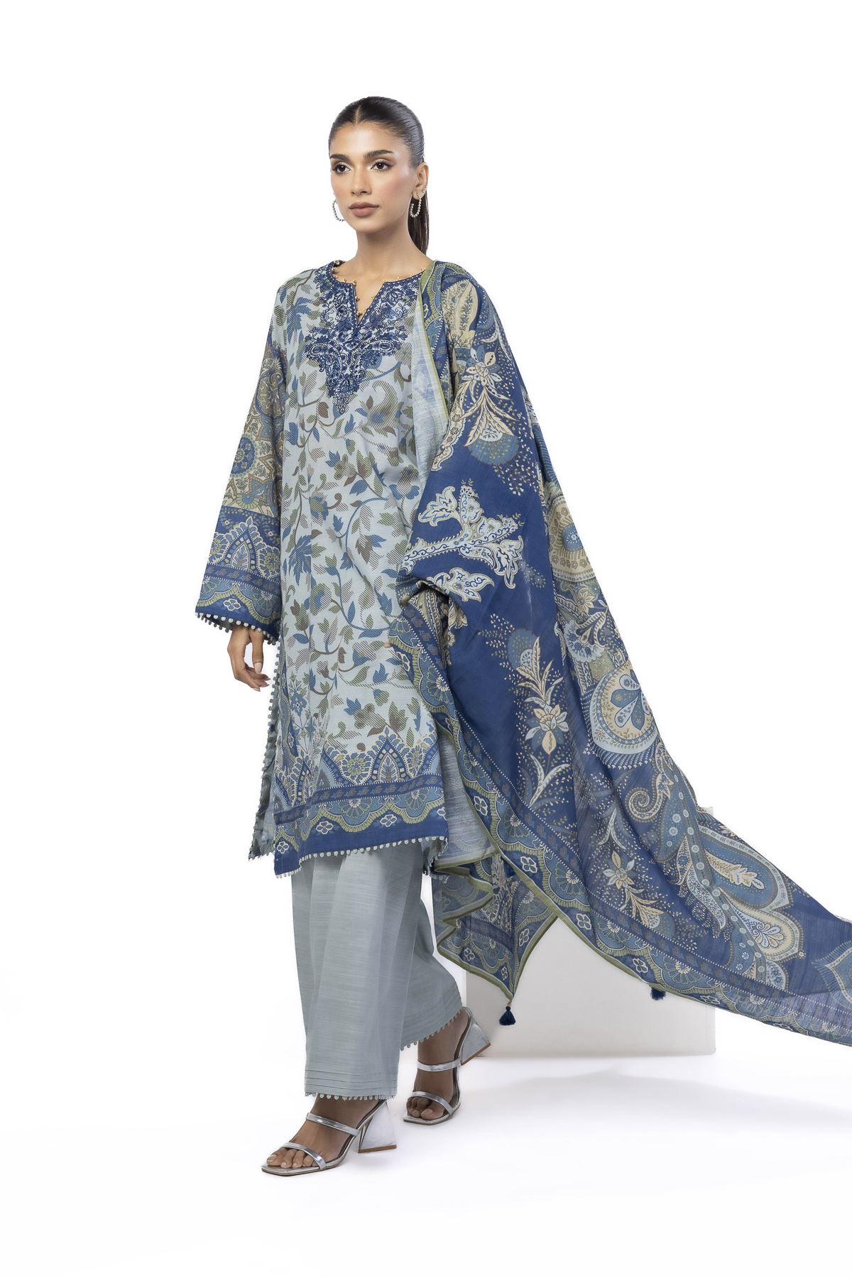 Embroidered Slub Cotton Tailored 3 Piece - CV05AST-VG