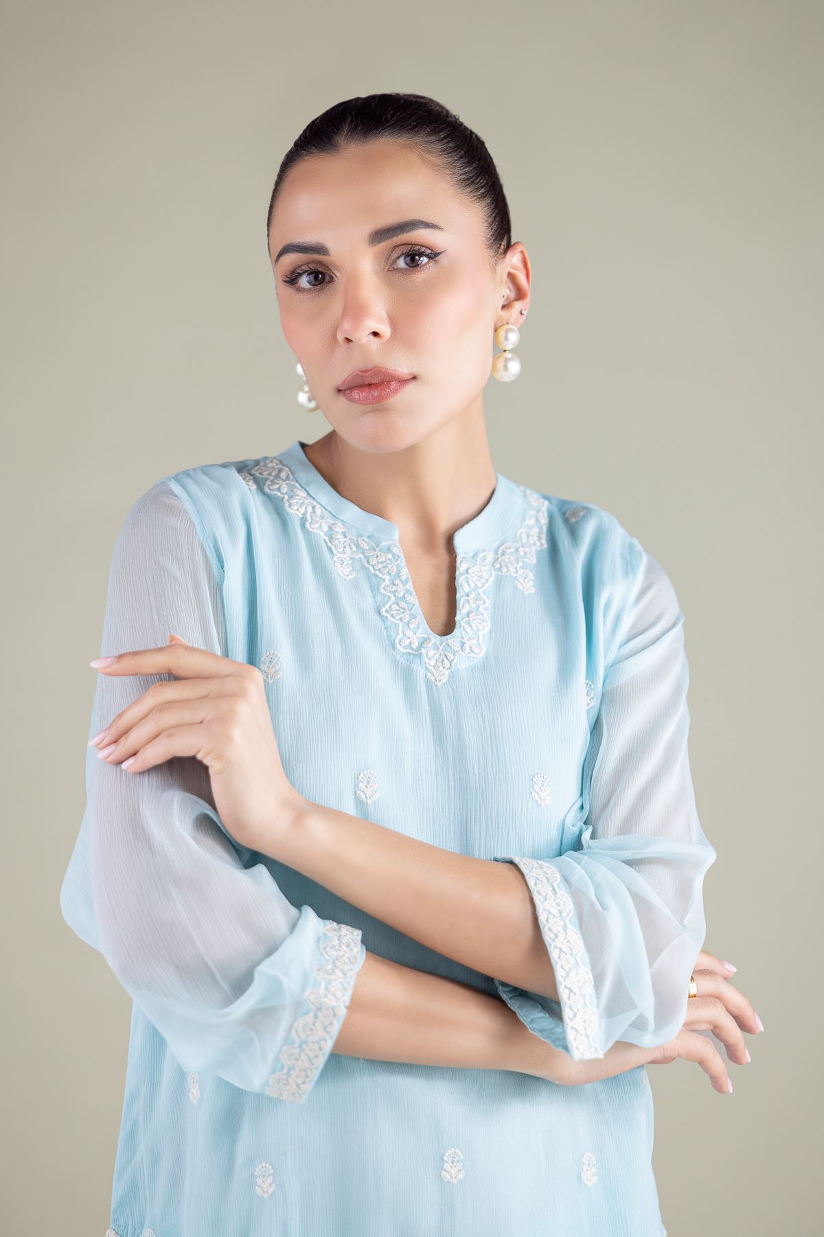 Embroidered Chiffon Threadwork Chiffon Kurta - 2-26-106-A-B-VG
