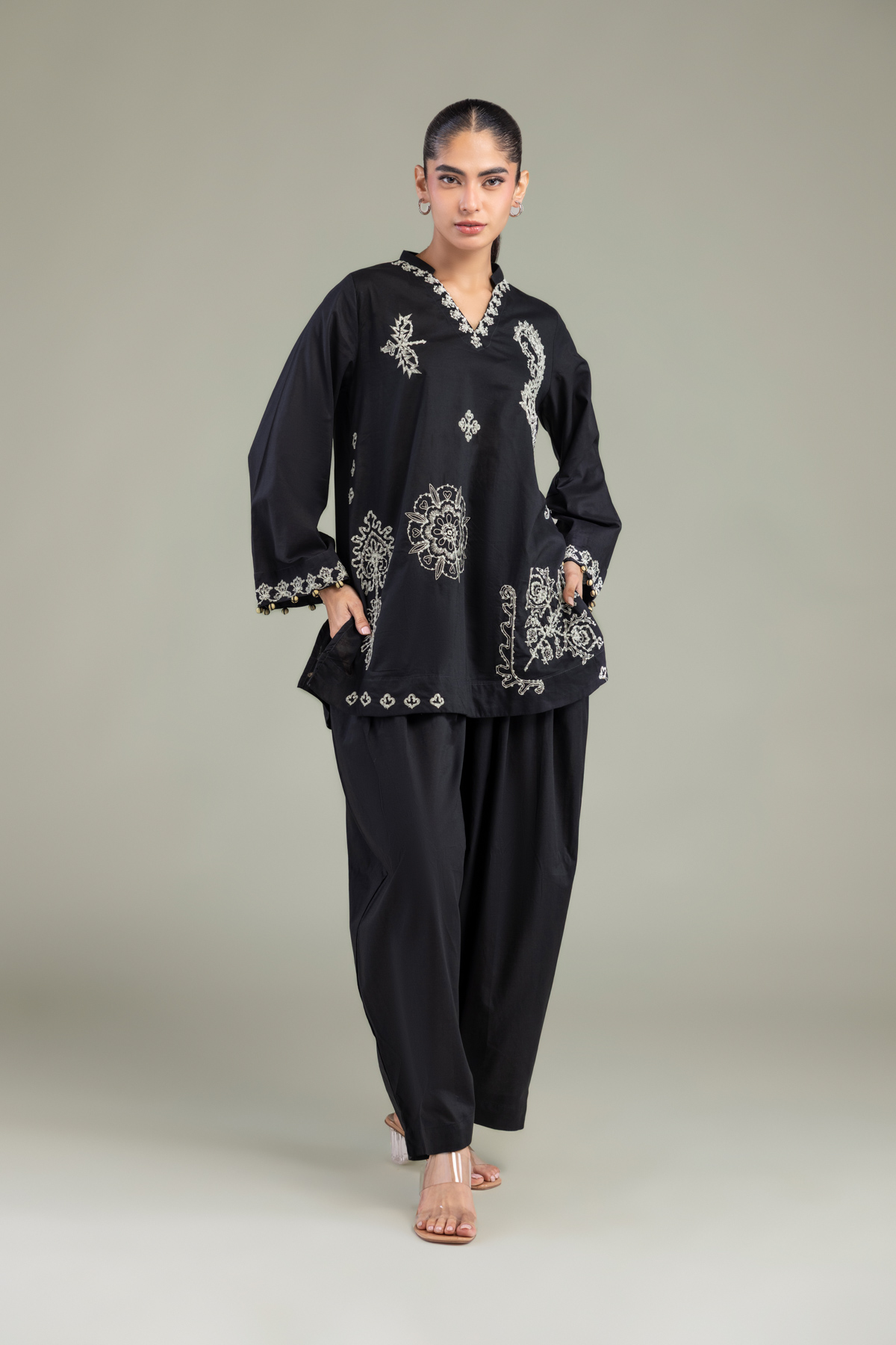Dyed Cambric Floral Black Shalwar - 1-26-102-A-F-VG