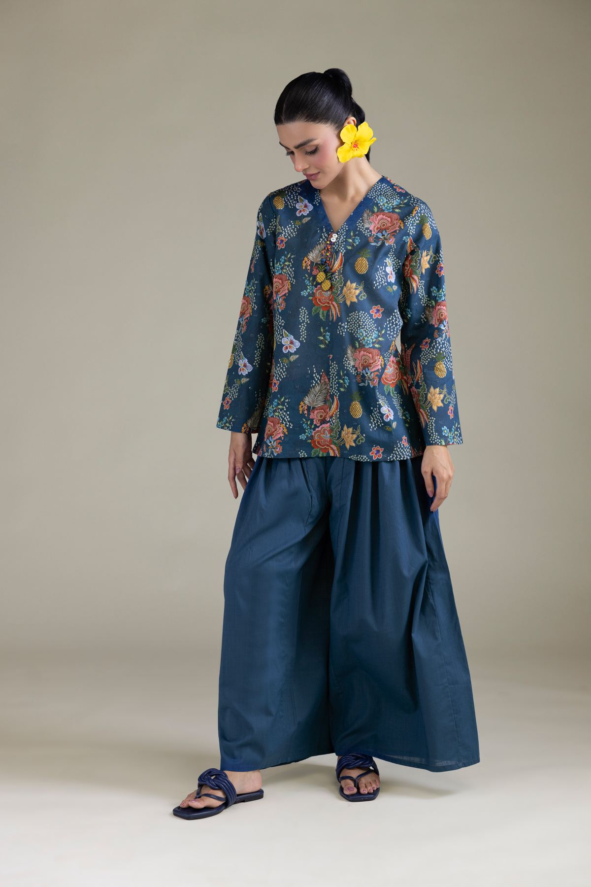 Embroidered Cambric Blue Cambric Trousers - 3-26-203-A-B1-VG