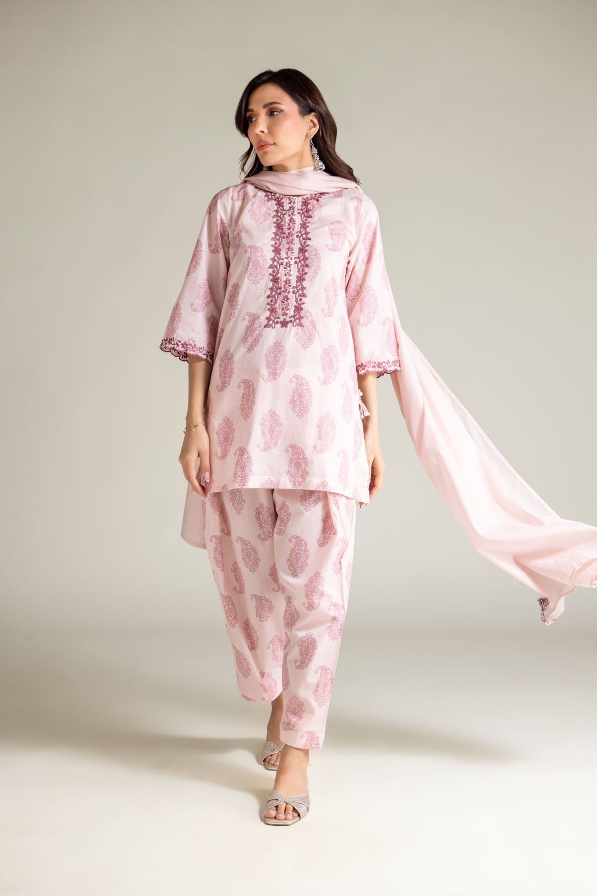 Embroidered Textured Lawn Lawn Pink Dupatta - 1-26-139-A-E-VG
