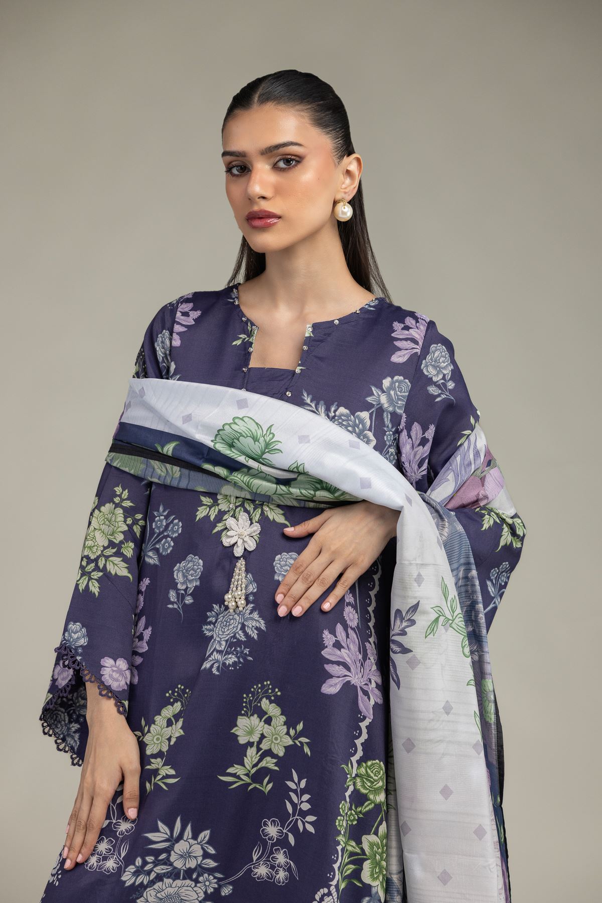 Embroidered Polyester Silk Floral Navy Dupatta - 2-26-208-A-E1-VG