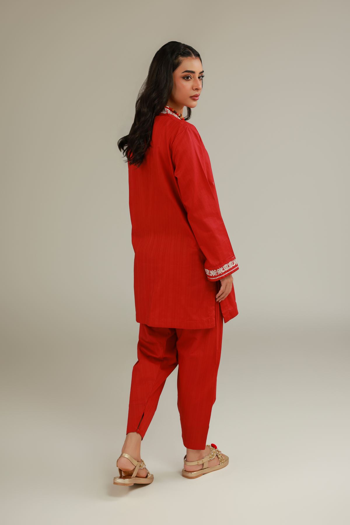 Embroidered Cotton Dobby Red Floral Kurta - 1-26-113-A-B-VG