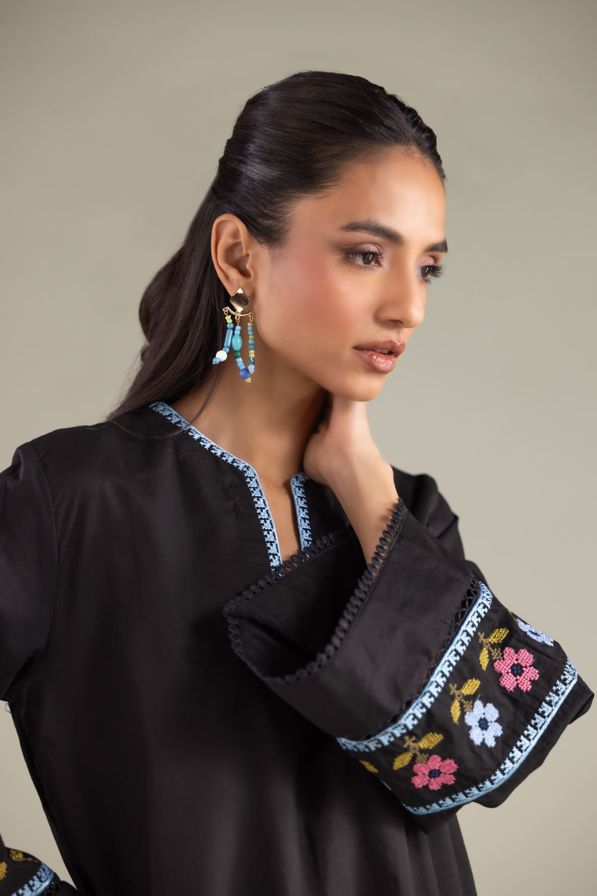 Embroidered Cambric Floral Flared Kurta - 1-26-111-A-F-VG