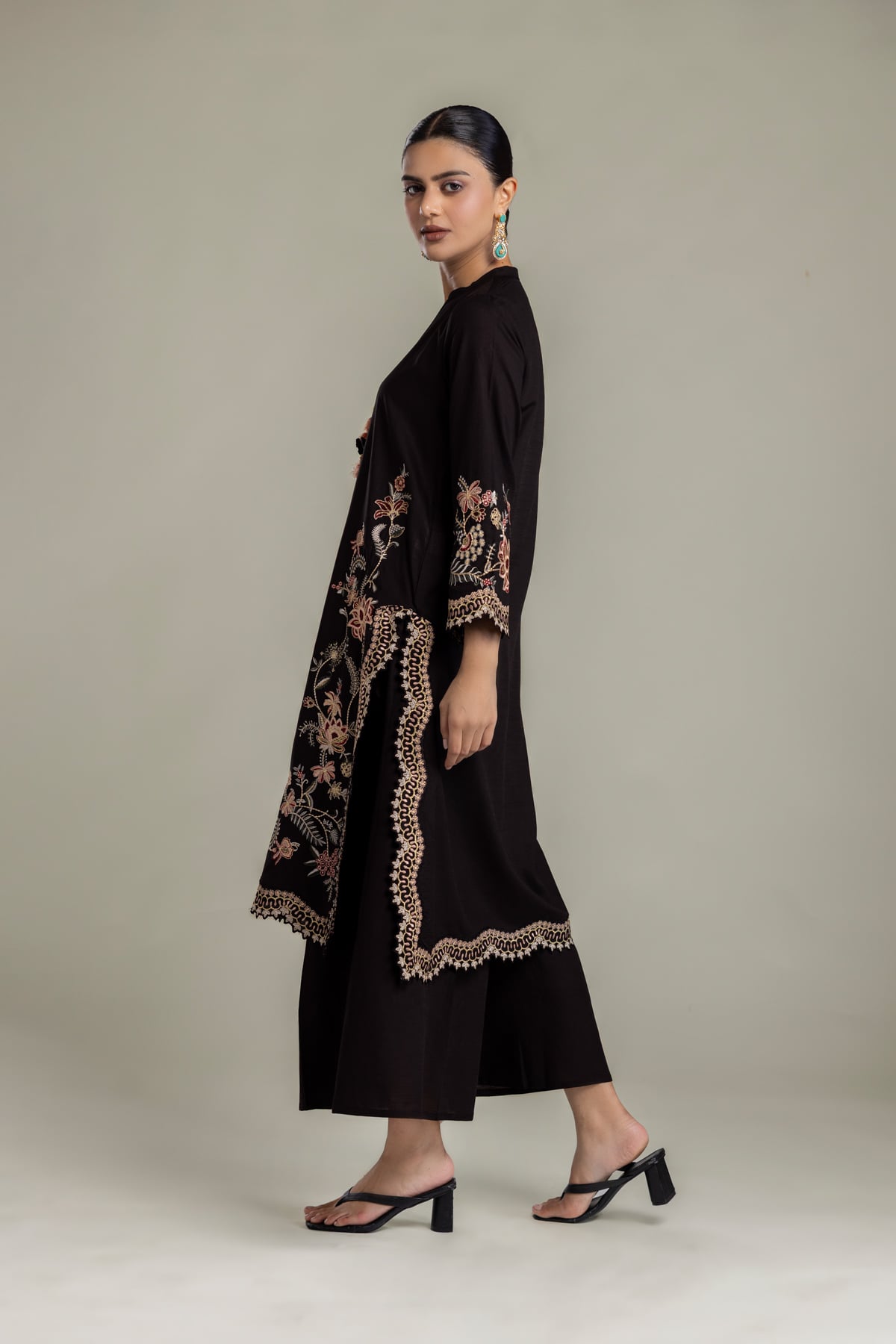 Embroidered Raw Silk Floral Black Kurta - 2-26-202-A-D-VG