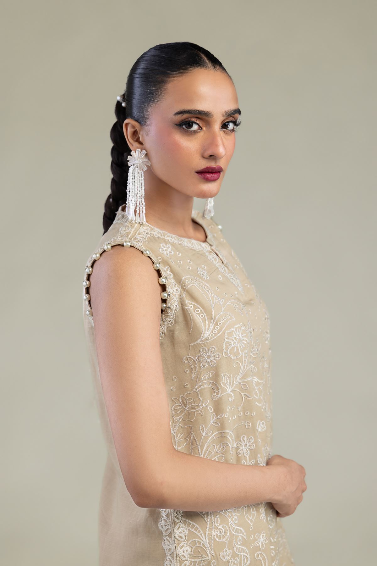 Embroidered Raw Silk Beige Sleeveless Kurta - 2-26-304-C-G1-VG