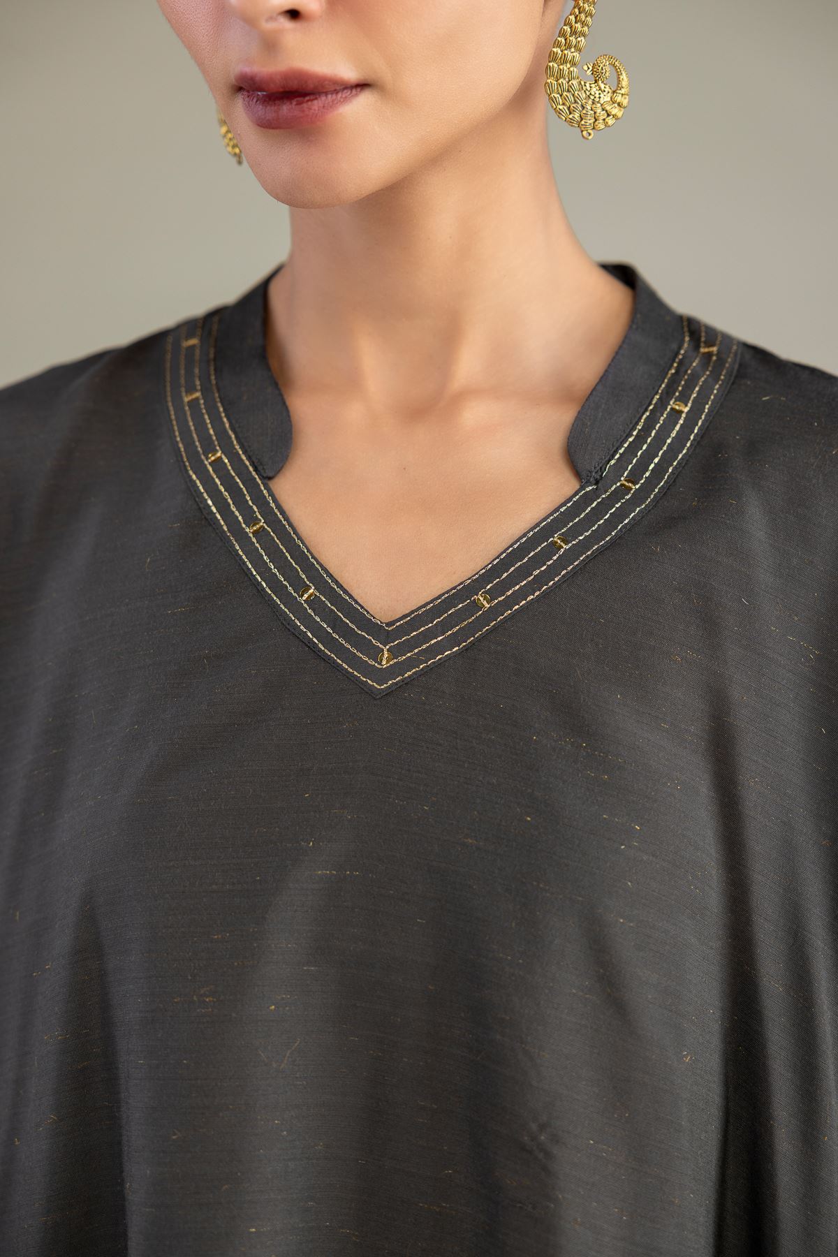 Dyed Mesuri Silk V-Neck Longline Kurta - 1-26-322-B-A1-VG