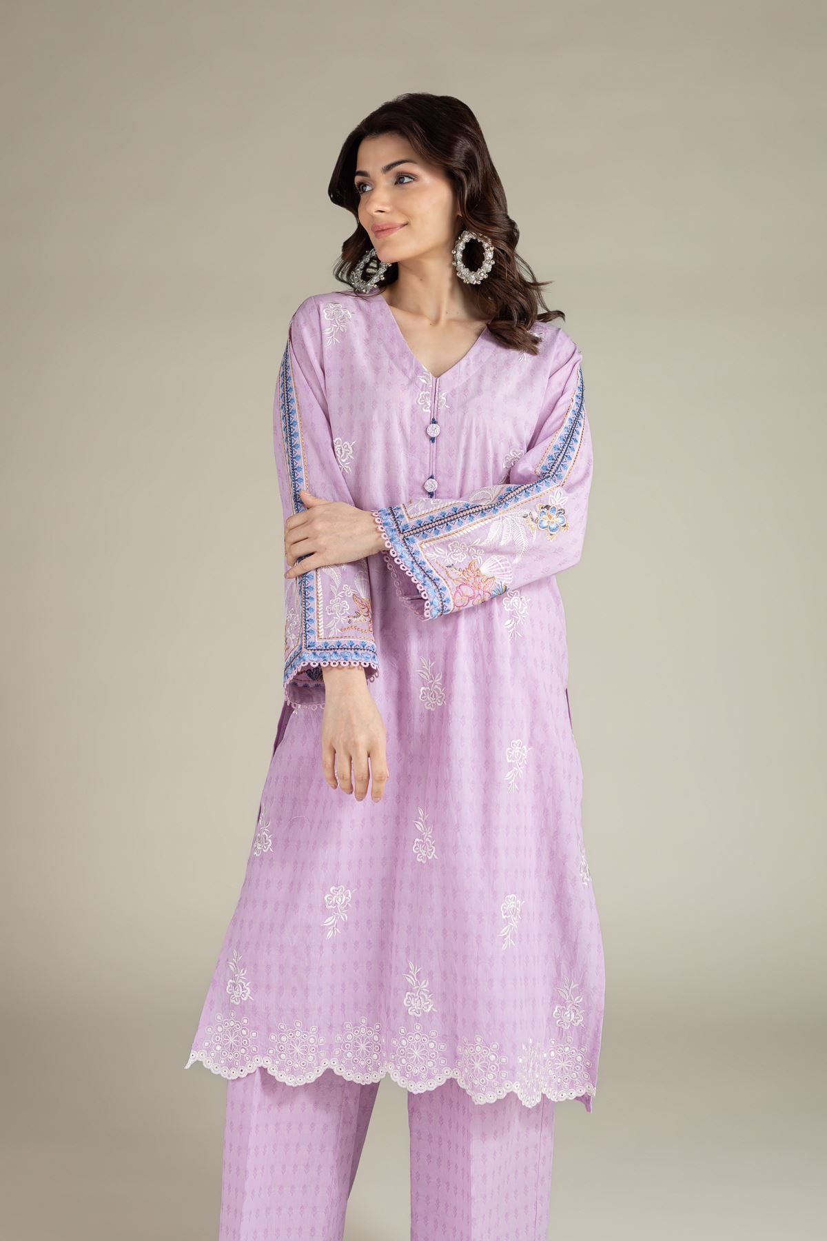 Embroidered Cotton Dobby Lavendar Tailored Set - T-A22-26-123FF2-VG