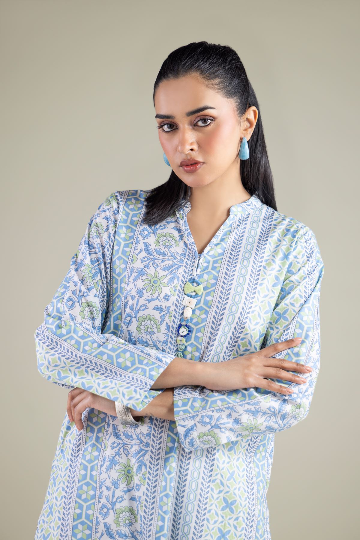 Printed Cambric Geometric Band-Collar Kurta - 1-26-119-A-F-VG