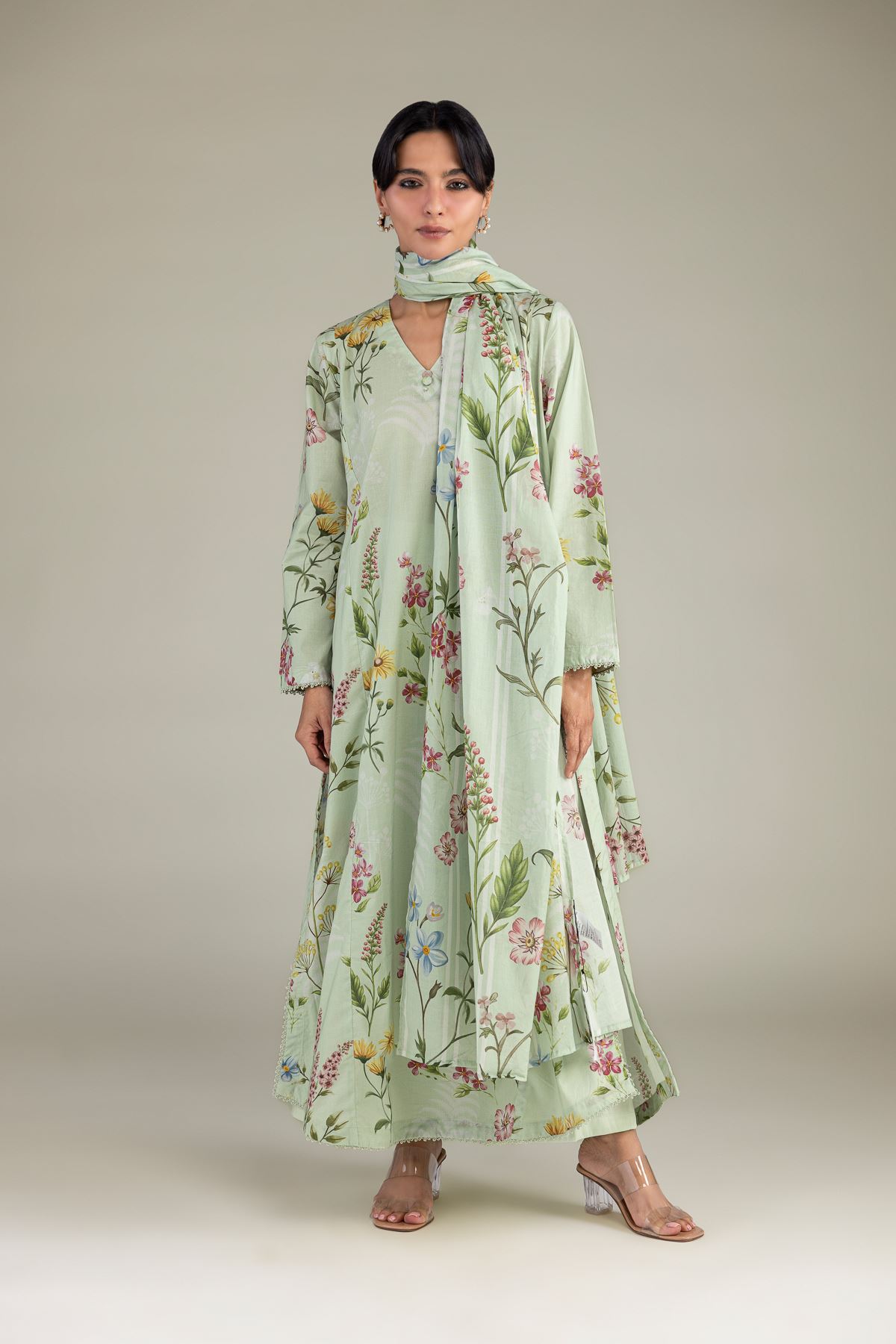 Printed Lawn Floral Mint Dupatta - 1-26-102-A-F-VG