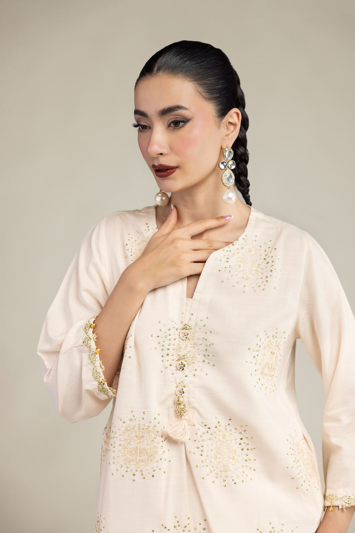 Embroidered Raw Silk Short Silk Kurta - 25-10-11E1-01TB-VG