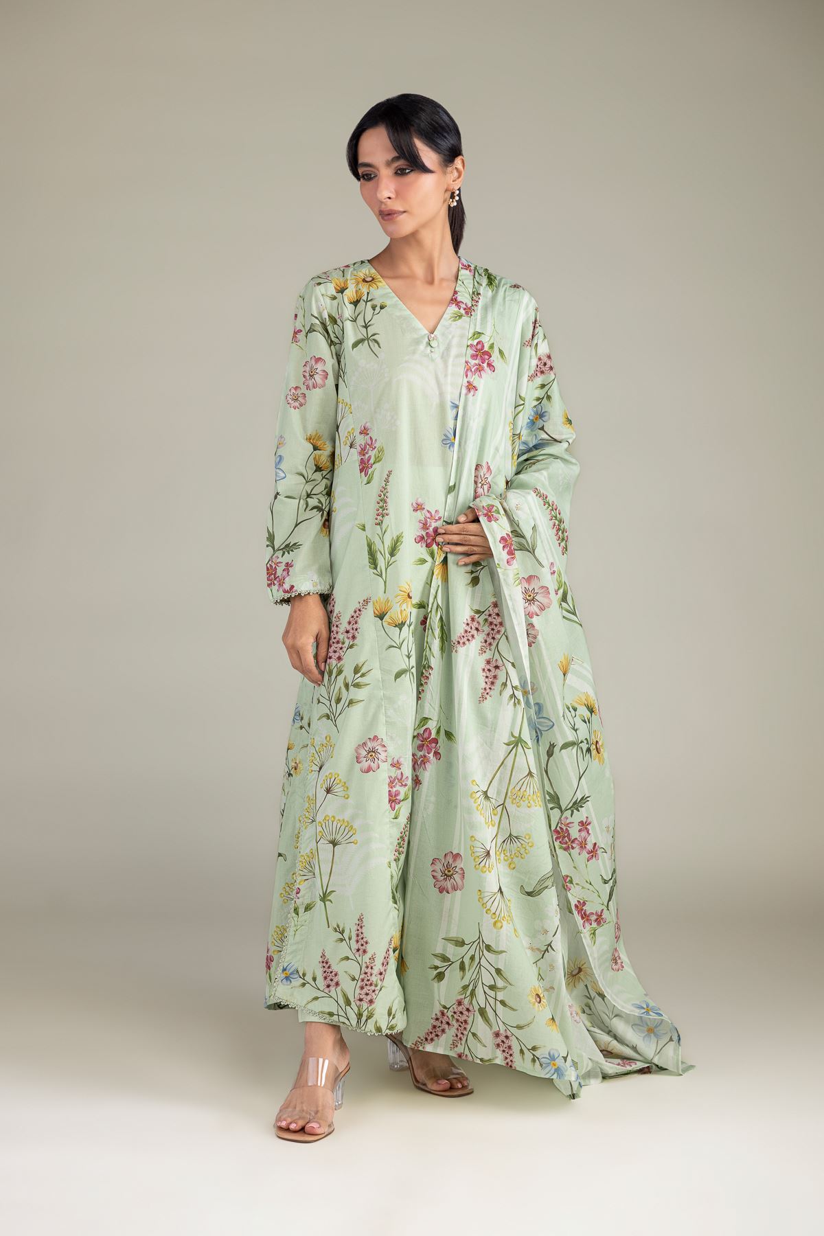 Printed Lawn Floral Mint Dupatta - 1-26-102-A-F-VG