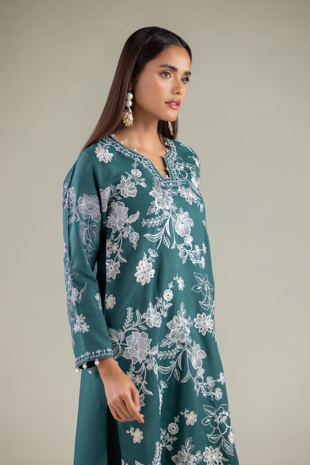 Embroidered Raw Silk Pearl Floral Kurta - 1-26-108-A-F-VG