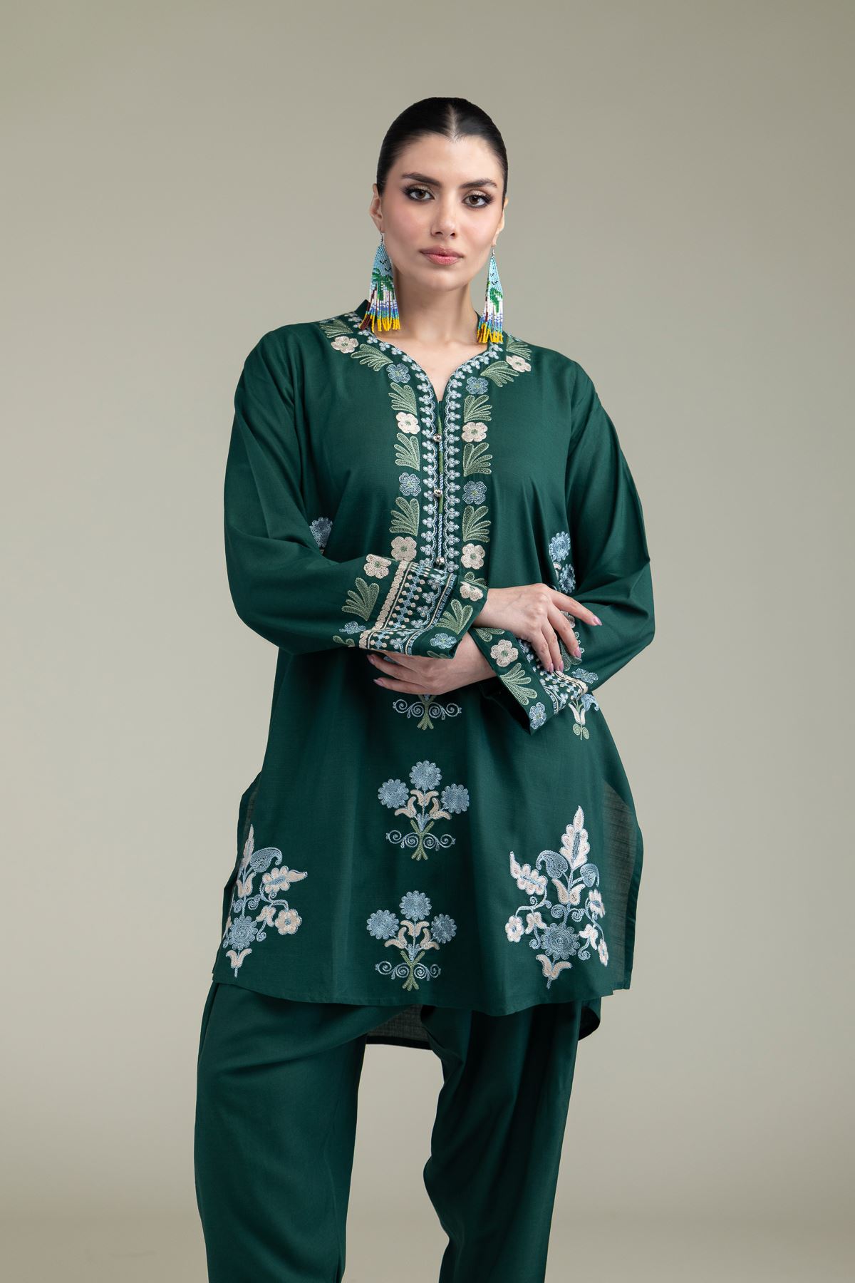 Embroidered Raw Silk Green V-Neck Kurta - 1-26-238-A-J1-VG