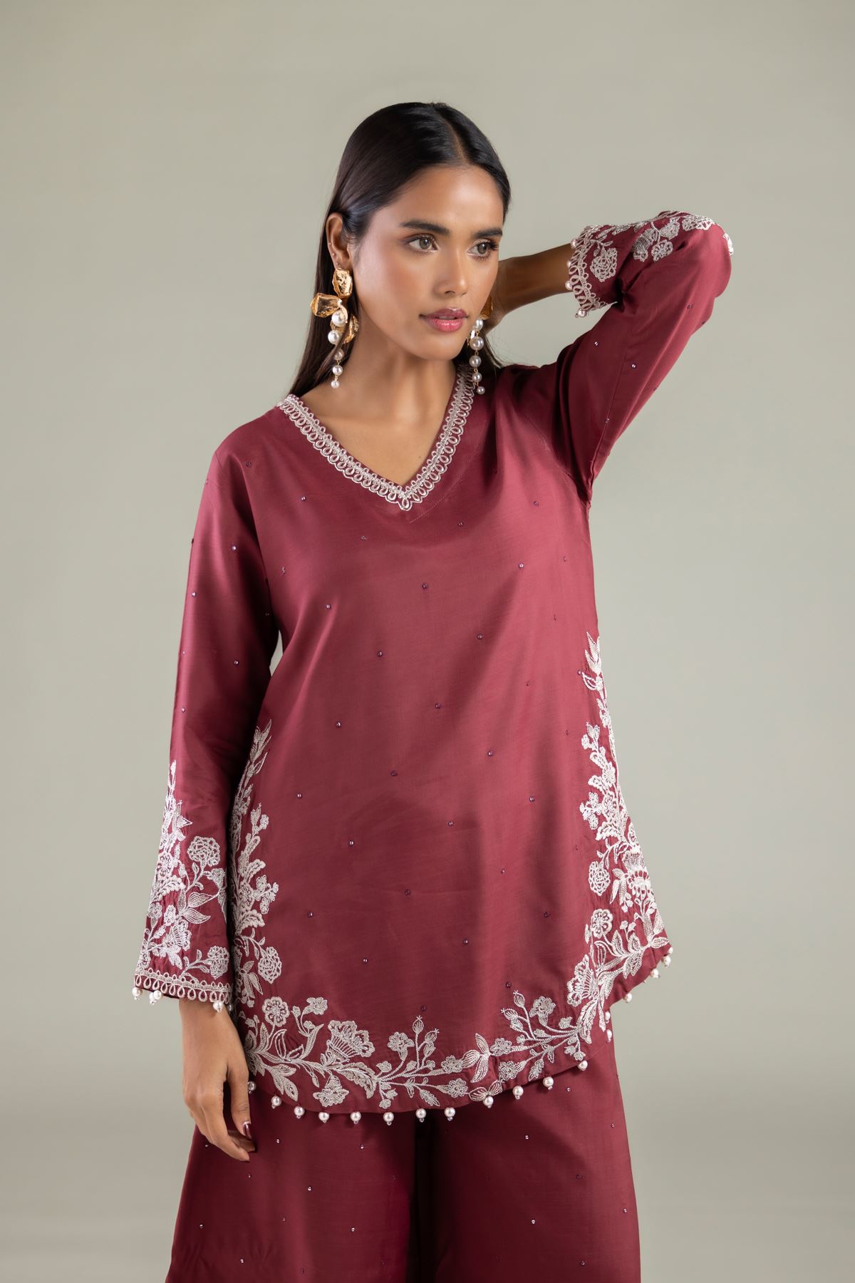 Embroidered Raw Silk Floral Pearl Kurta - 1-26-250-B-H1-VG