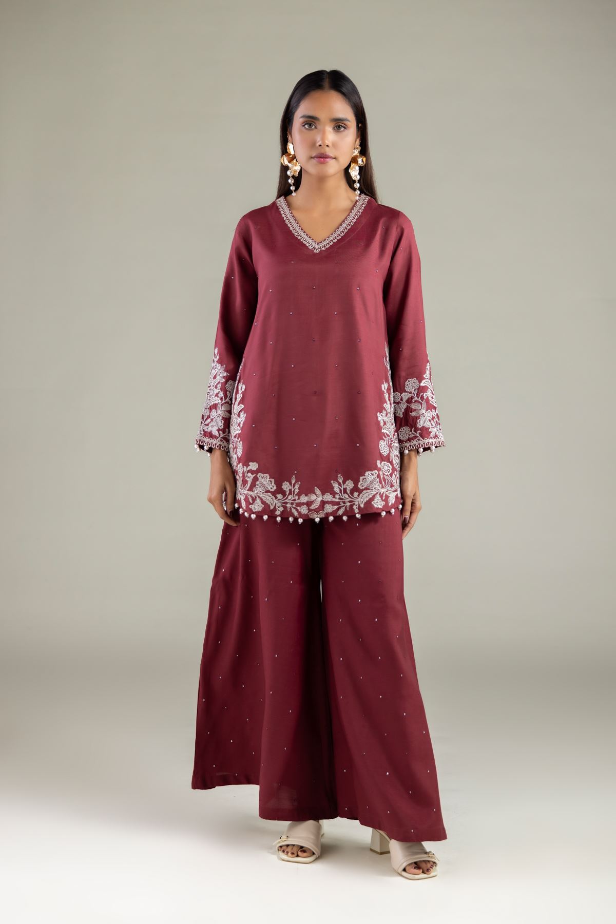 Embroidered Raw Silk Floral Pearl Kurta - 1-26-250-B-H1-VG