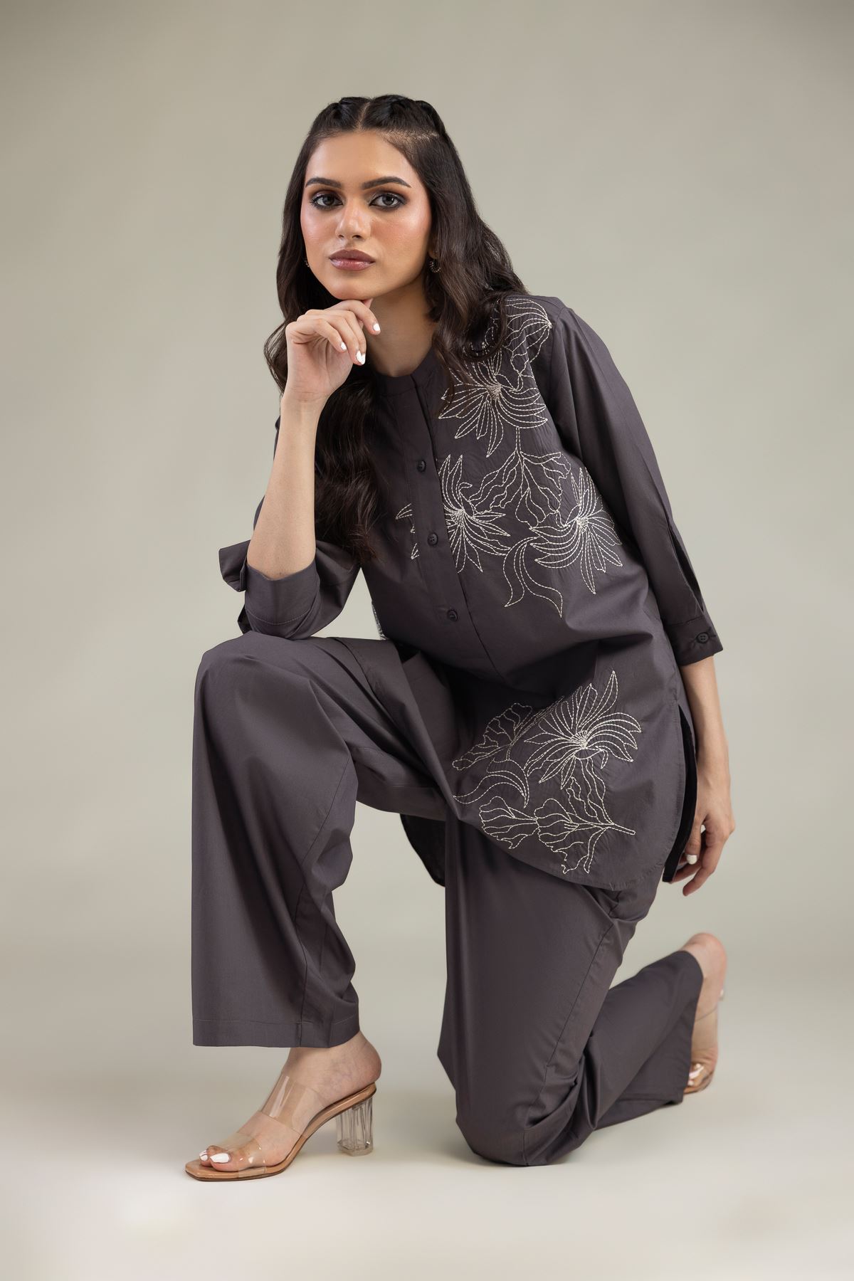 Embroidered Poplin Gray Poplin Shirt - 1-26-229-B-F1-VG