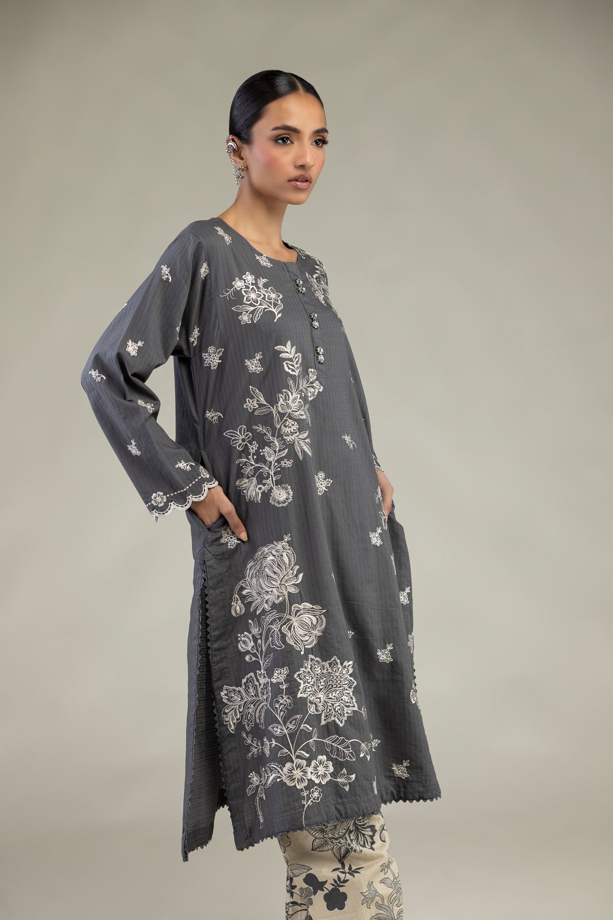 Embroidered Cotton Dobby Gray Longline Kurta - 1-26-226-A-I1-VG