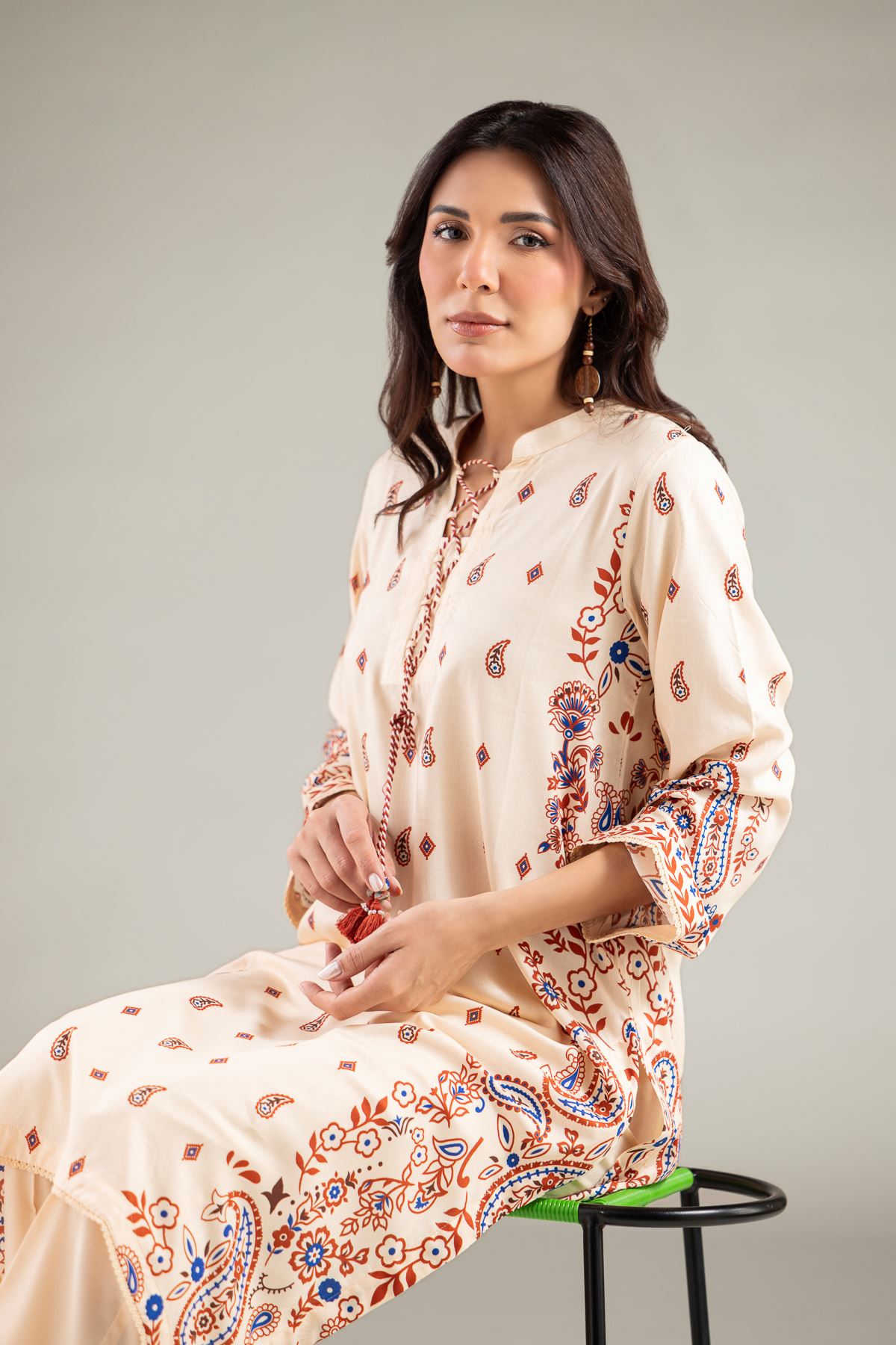 Printed Viscose Long Paisley Kurta - 1-26-105-A-A-VG
