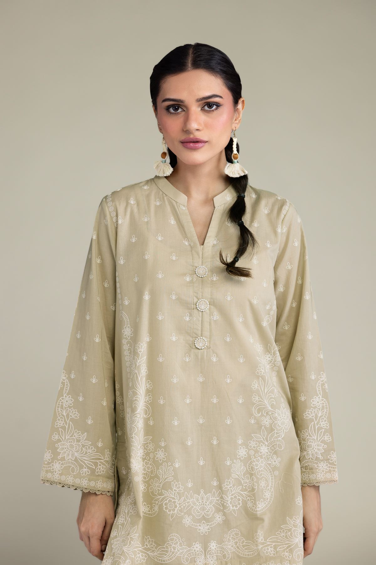 Printed Cambric Beige Band-Collar Kurta - T-A11-26-106FI2-VG