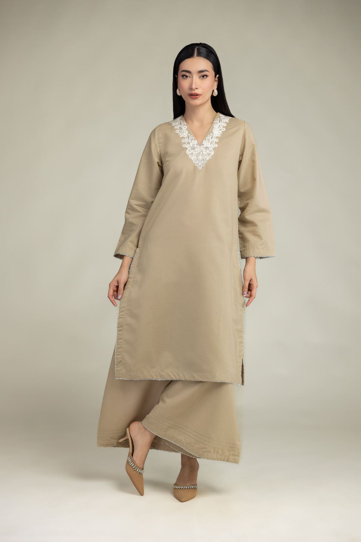 Embroidered Mesuri Beige Mesuri Pants - 1-26-231-A-F1-VG