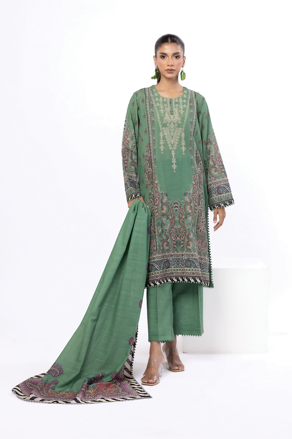Embroidered Slub Cotton Fabrics 3 Piece - 1001908344