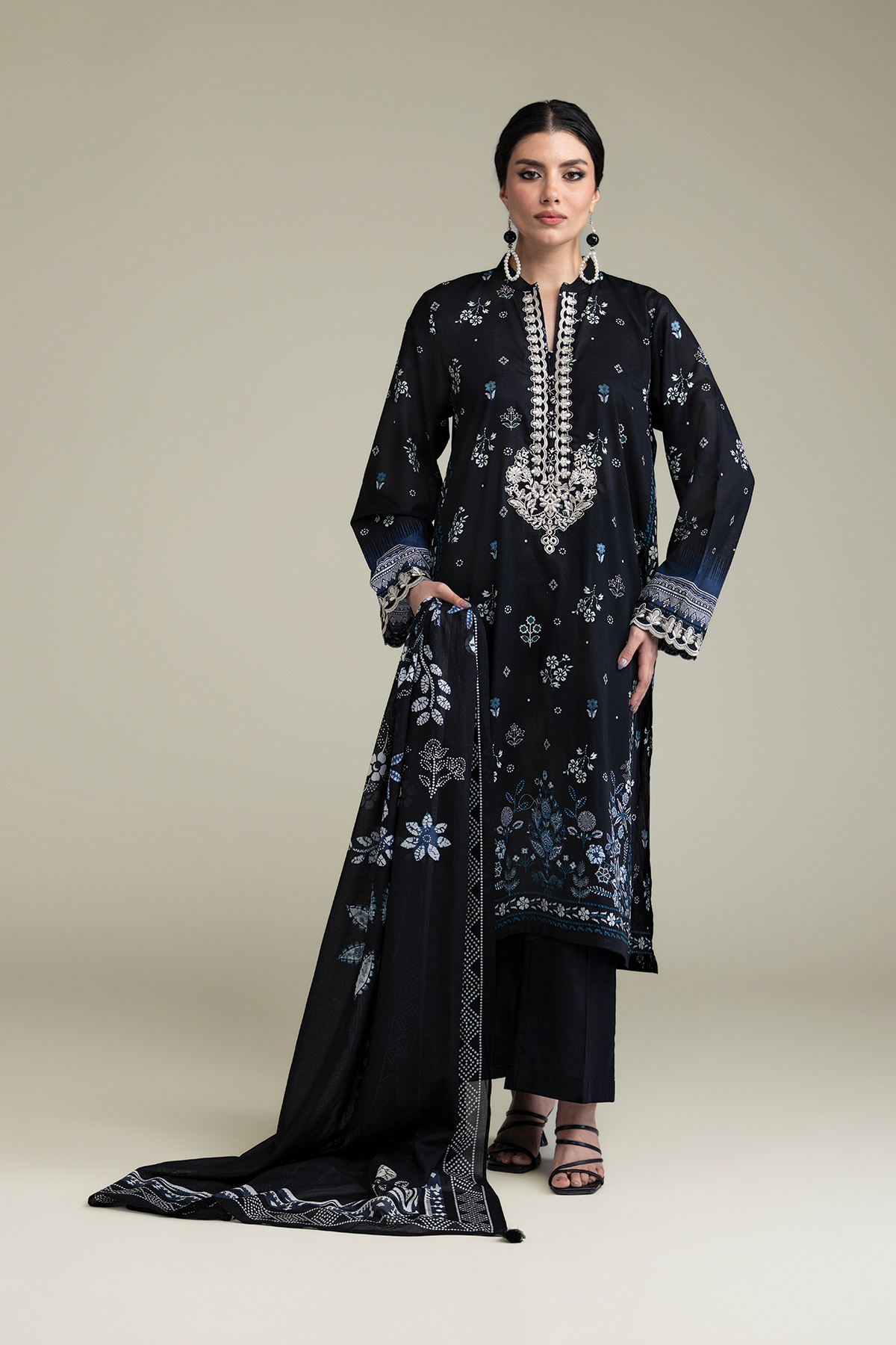 Embroidered Cambric Black 3-Piece Tailored - 1-26-303-B-A1-VG