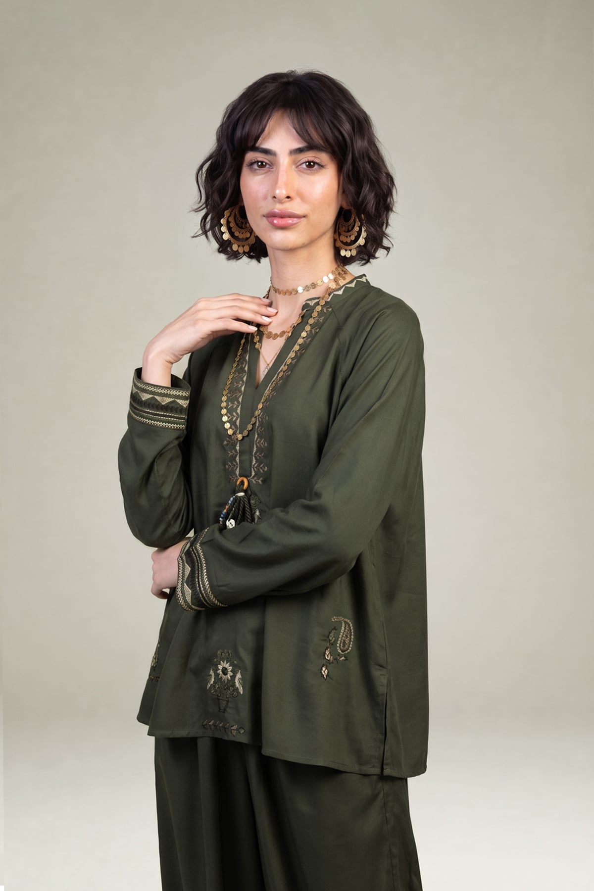 Embroidered Viscose Crepe V-Neck Olive Tunic - 1-26-309-B-D1-VG