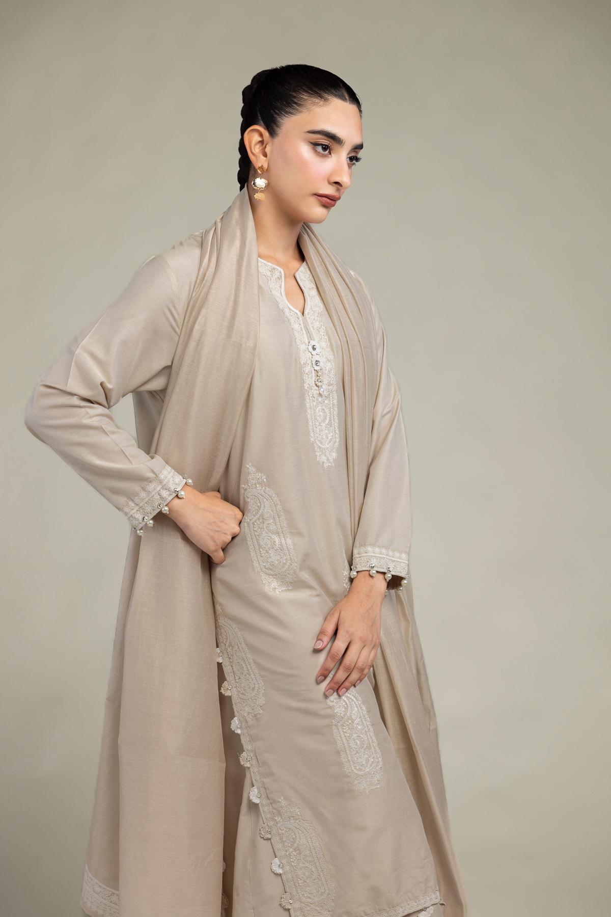 Cotton Net Paisley Beige Dupatta - 2-26-303-C-F1-VG